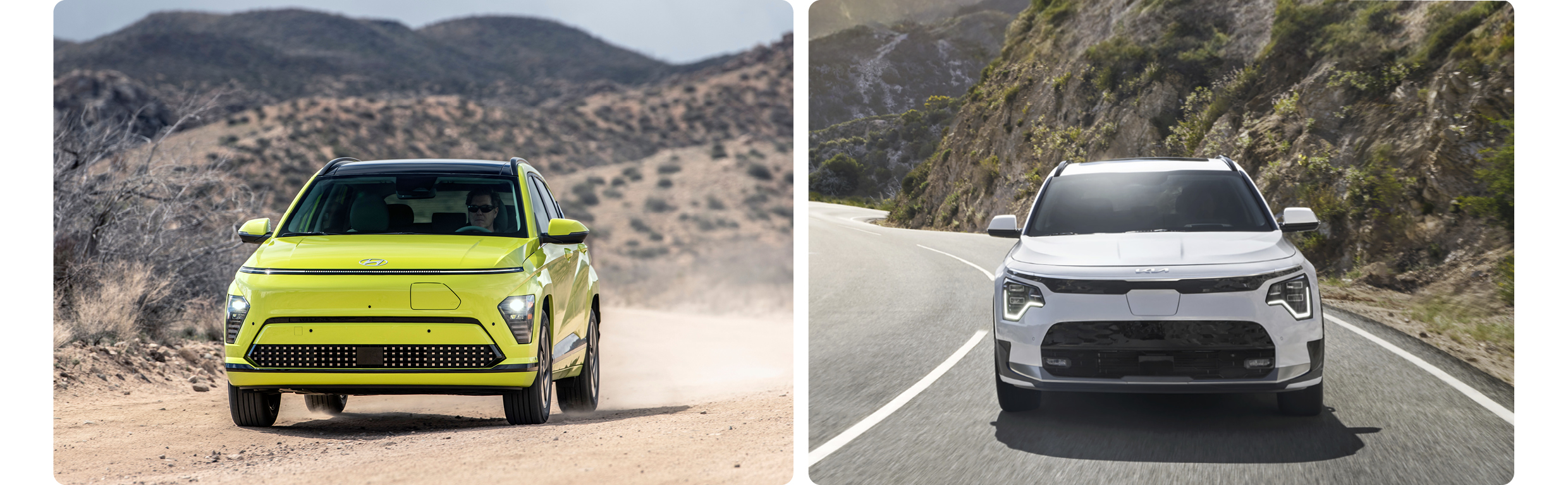 비포장도로를 주행하는 코나 EV와 산길을 주행하는 기아 니로 EV의 전면부 모습