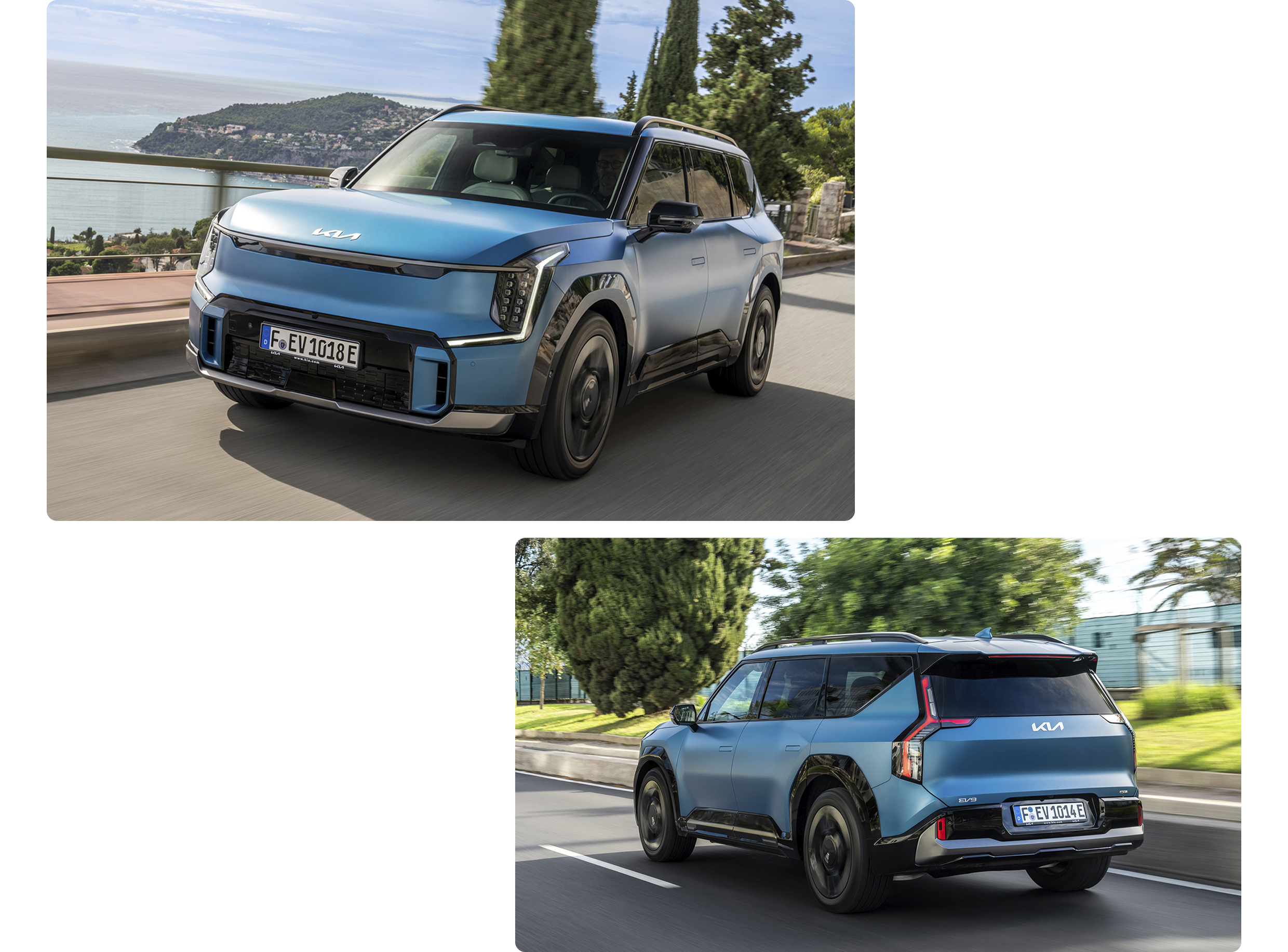 기아 EV9이 유럽 도로를 주행하는 전측면, 후측면 모습