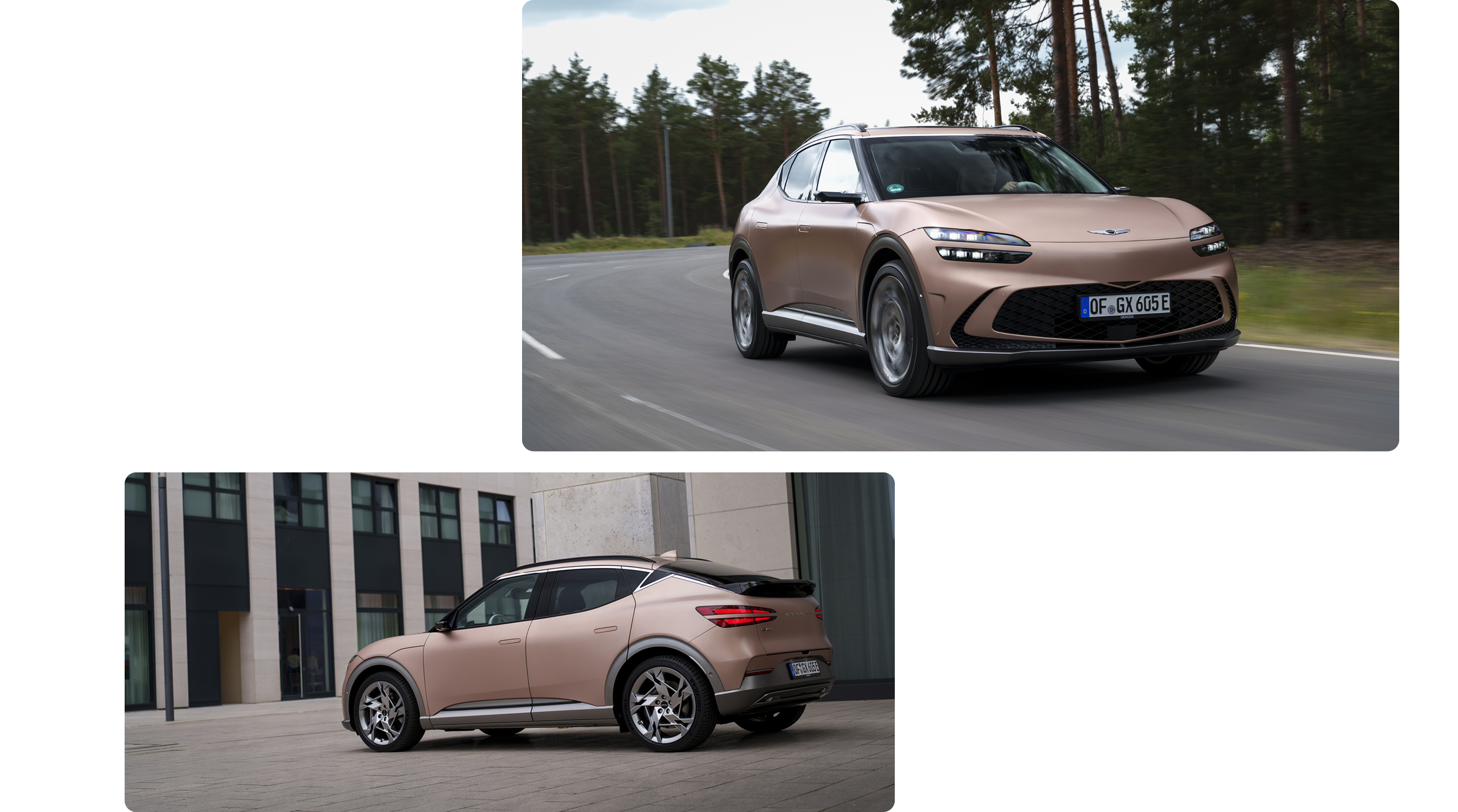 제네시스 GV60가 유럽 숲길 주행 및 도심에서의 후측면 모습