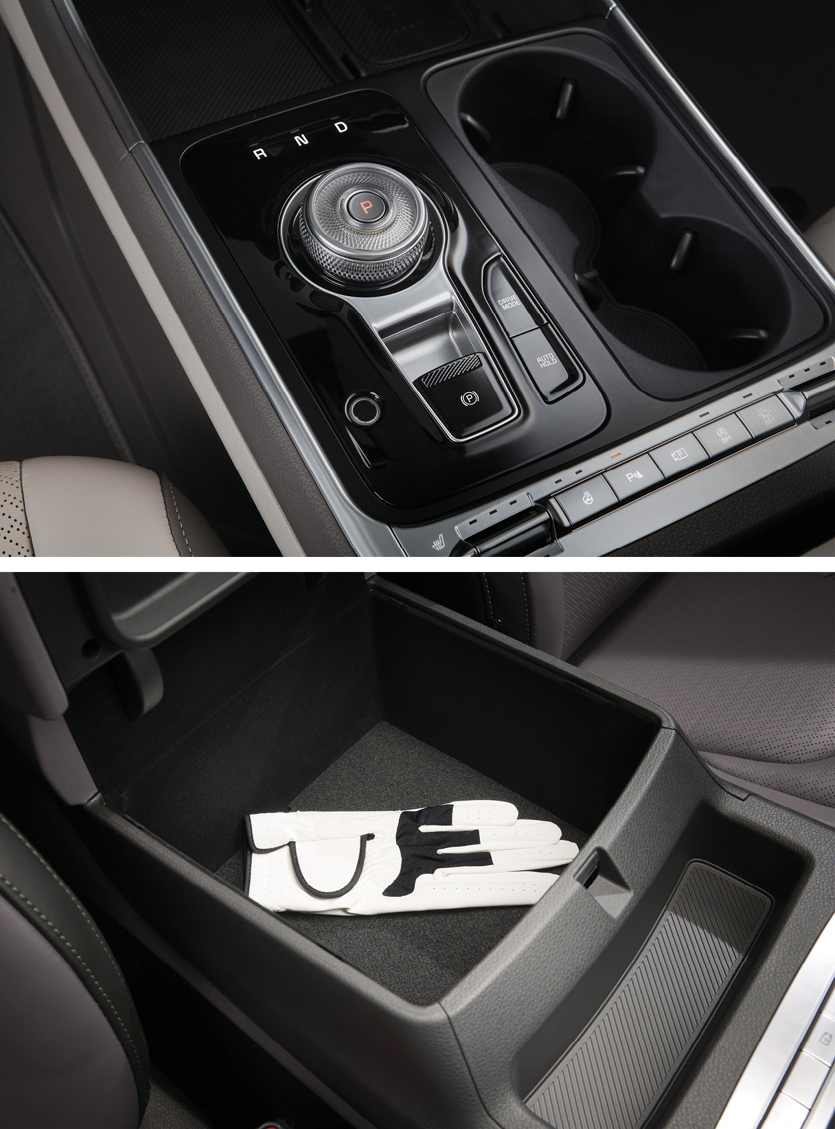 기아 더 뉴 카니발 하이브리드의 변속 다이얼과 센터콘솔 모습