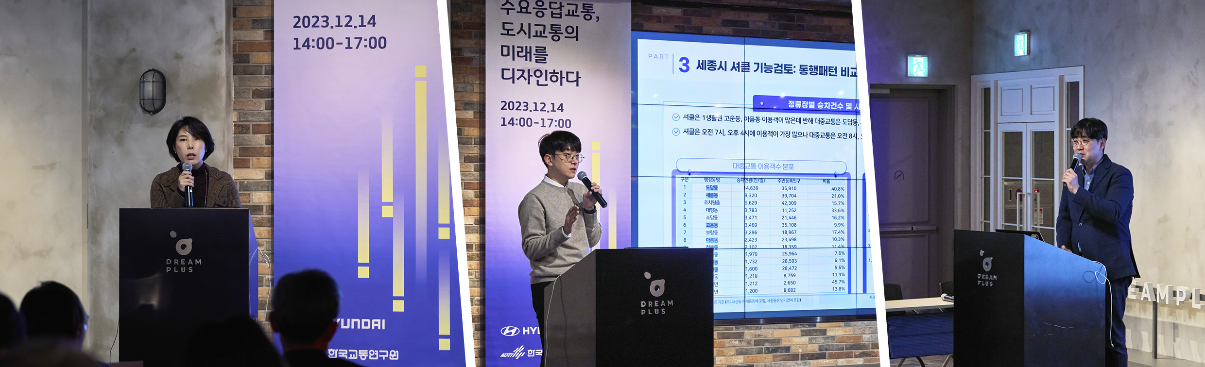 수요응답교통의 특성과 방향성에 대한 발표를 진행중인 한국교통연구원 임서현 팀장과 박태윤 부연구원, 서울대학교 이제승 교수