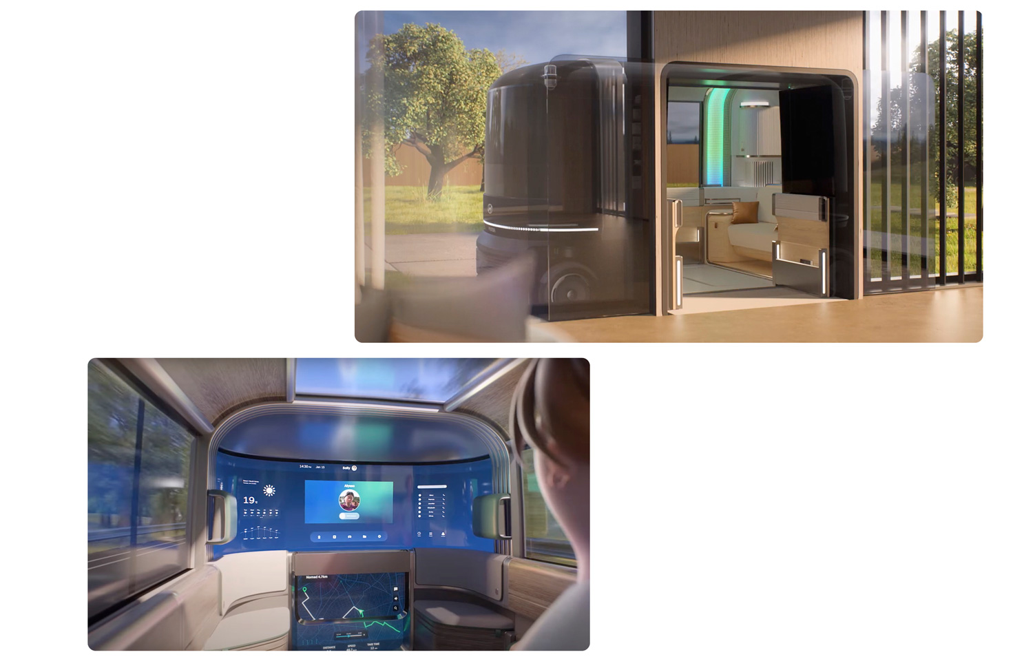 PBV-건물 도킹 및 PBV의 실내 공간을 보여주는 모바일 리빙 스페이스 콘셉트