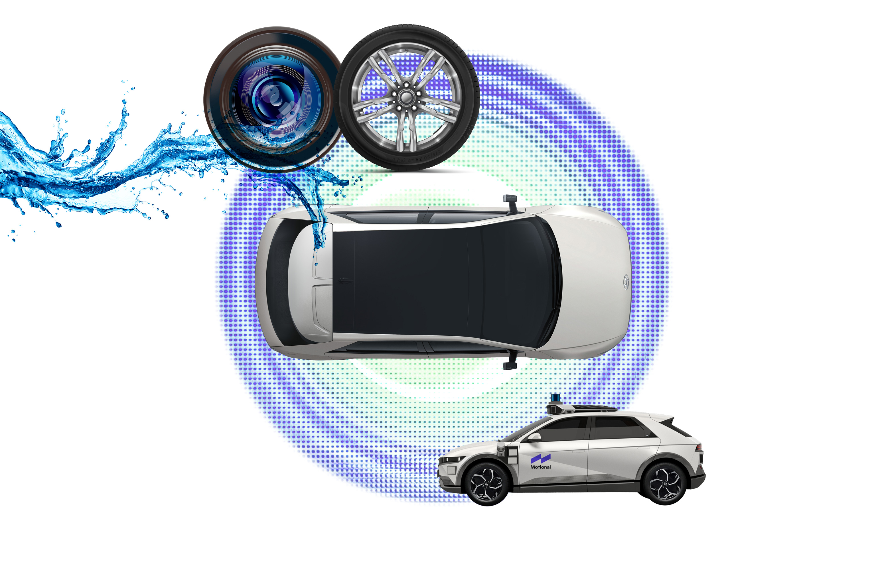 차량 센서, 레이더,  카메라, 휠 등 모빌리티 안전 기술 관련 요소들