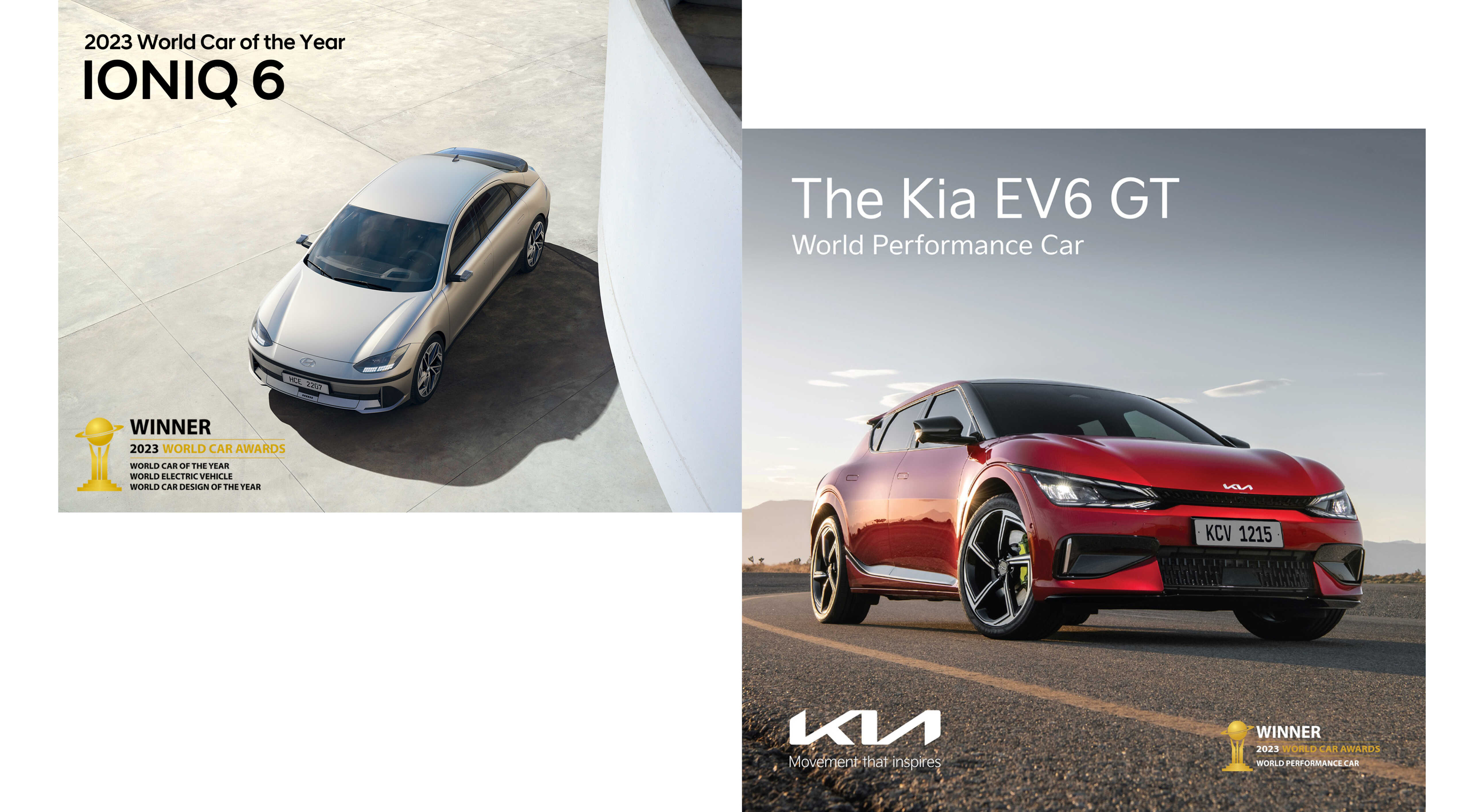 2023 월드카 어워즈에서 수상한 현대자동차 아이오닉 6와 기아 EV6 GT의 모습