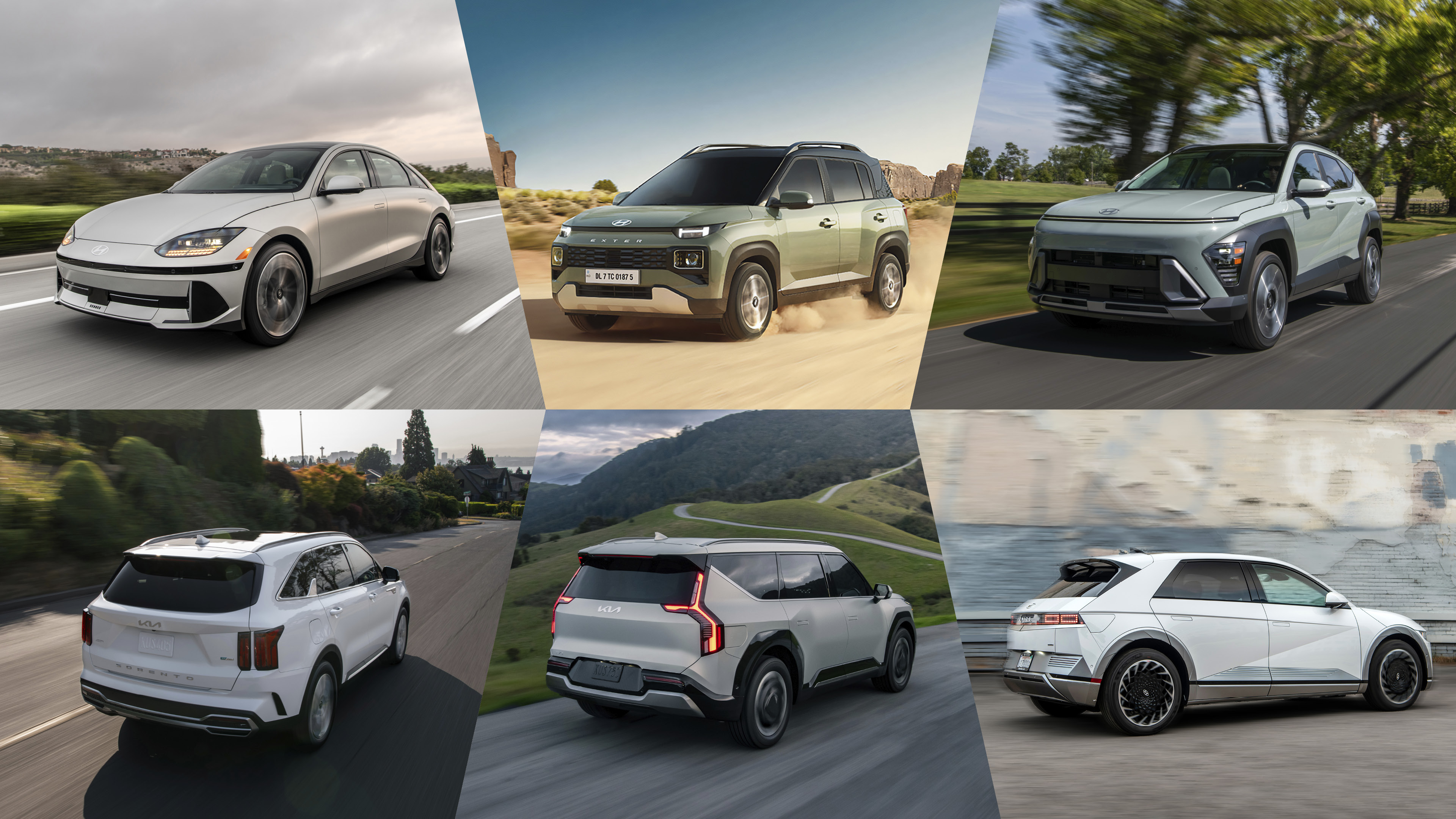 아이오닉 6, 엑스터, 코나, 쏘렌토, EV9, 아이오닉 5가 각각 전측면과 후측면 방향으로 주행하는 모습