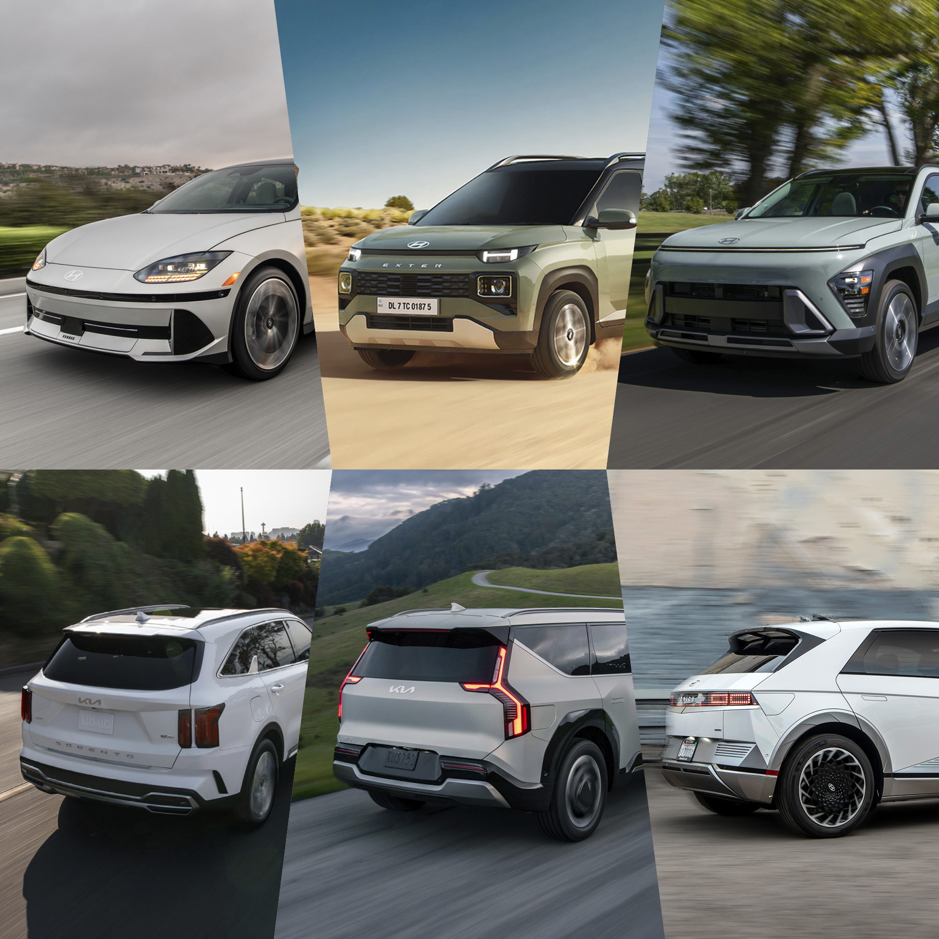 아이오닉 6, 엑스터, 코나, 쏘렌토, EV9, 아이오닉 5가 각각 전측면과 후측면 방향으로 주행하는 모습
