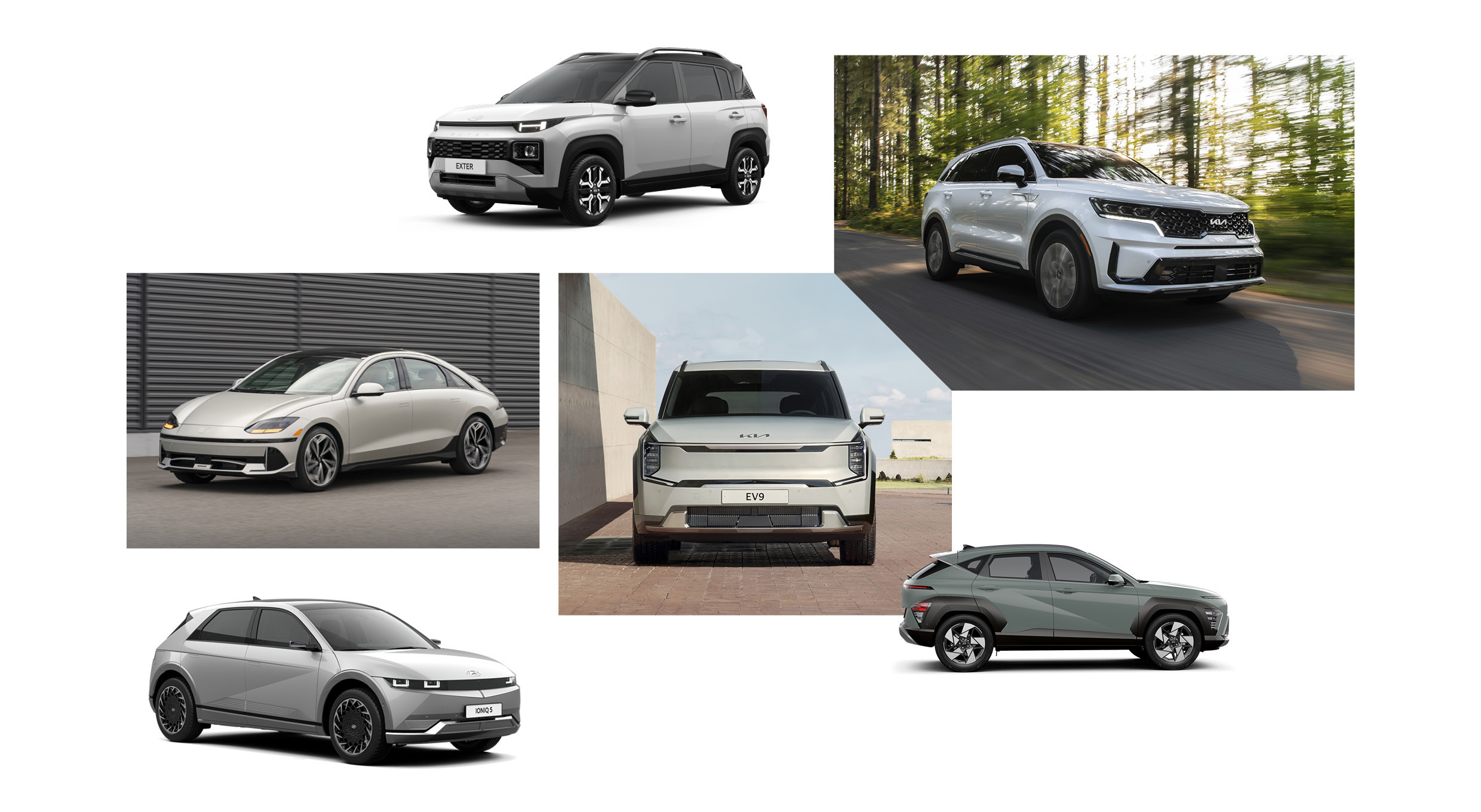 엑스터, 쏘렌토, 아이오닉 6, EV9, 아이오닉 5, 코나의 사진을 모자이크 편집한 모습