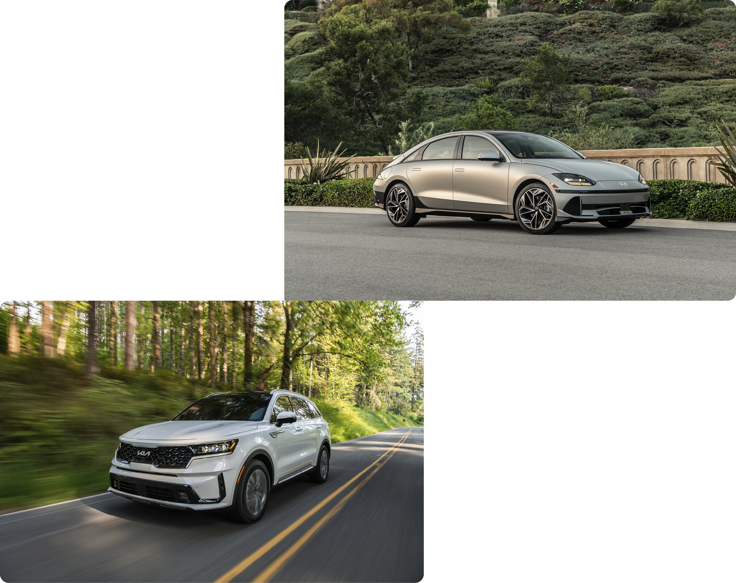 아이오닉 6가 미국 도로 위에 정차한 모습과 쏘렌토가 미국 숲길을 주행하는 전측면 모습