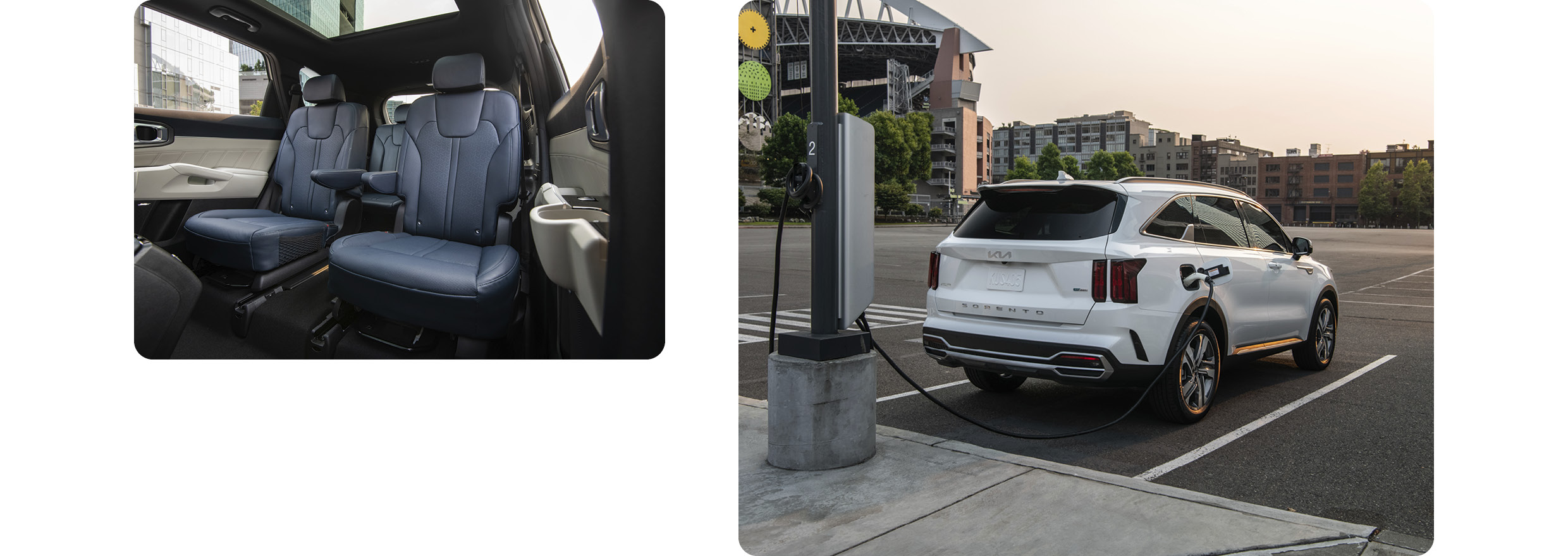 쏘렌토 2열 좌석 및 플러그인 하이브리드 충전하는 모습