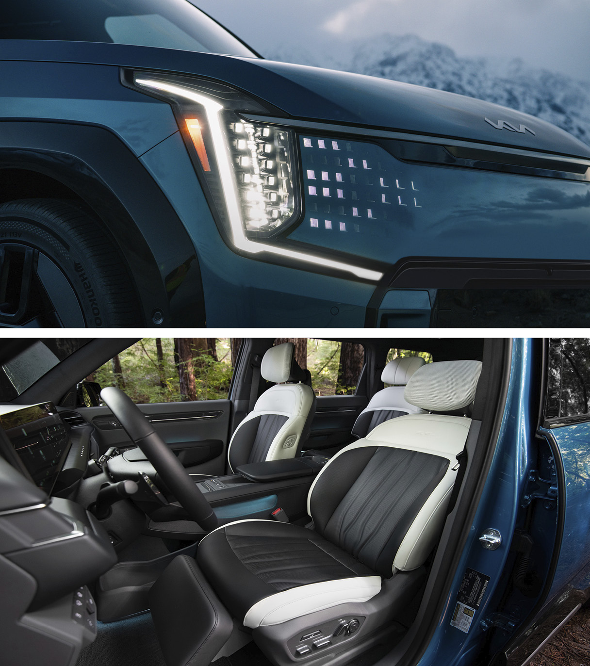 EV9의 헤드램프를 45도 각도로 바라 본 모습과 1열 시트를 운전석 도어를 열고 바라 본 모습