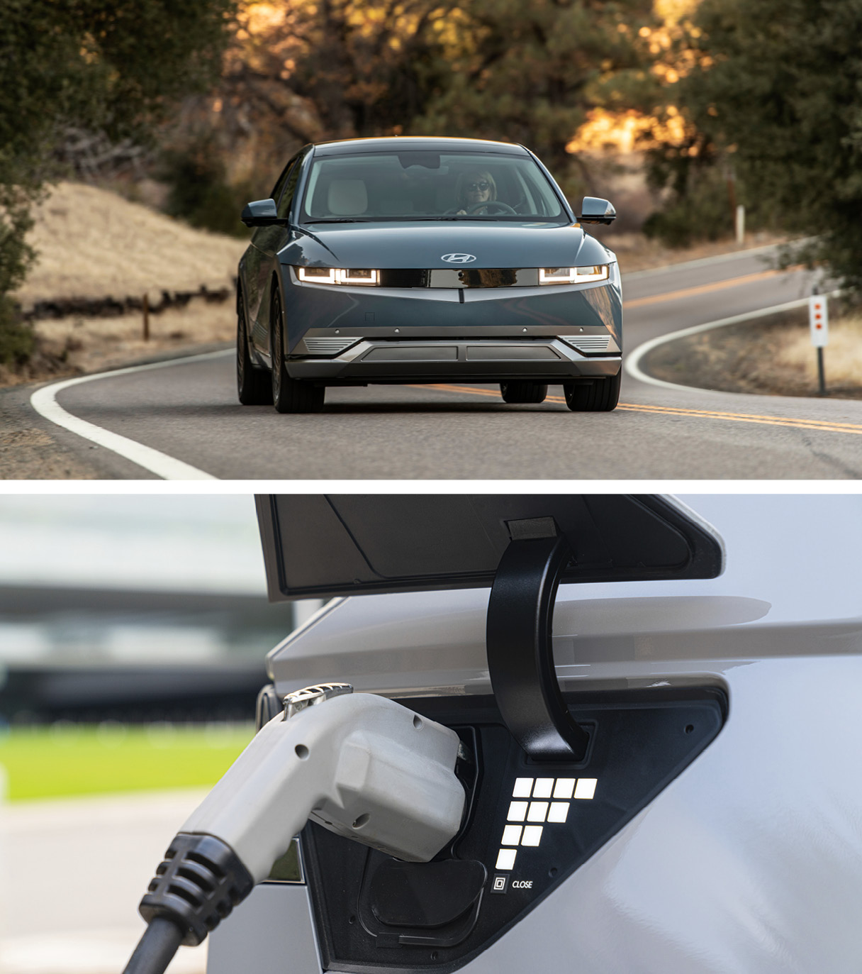 아이오닉 5가 미국 도로를 주행하는 정면 모습과 충전기에 맞물린 모습