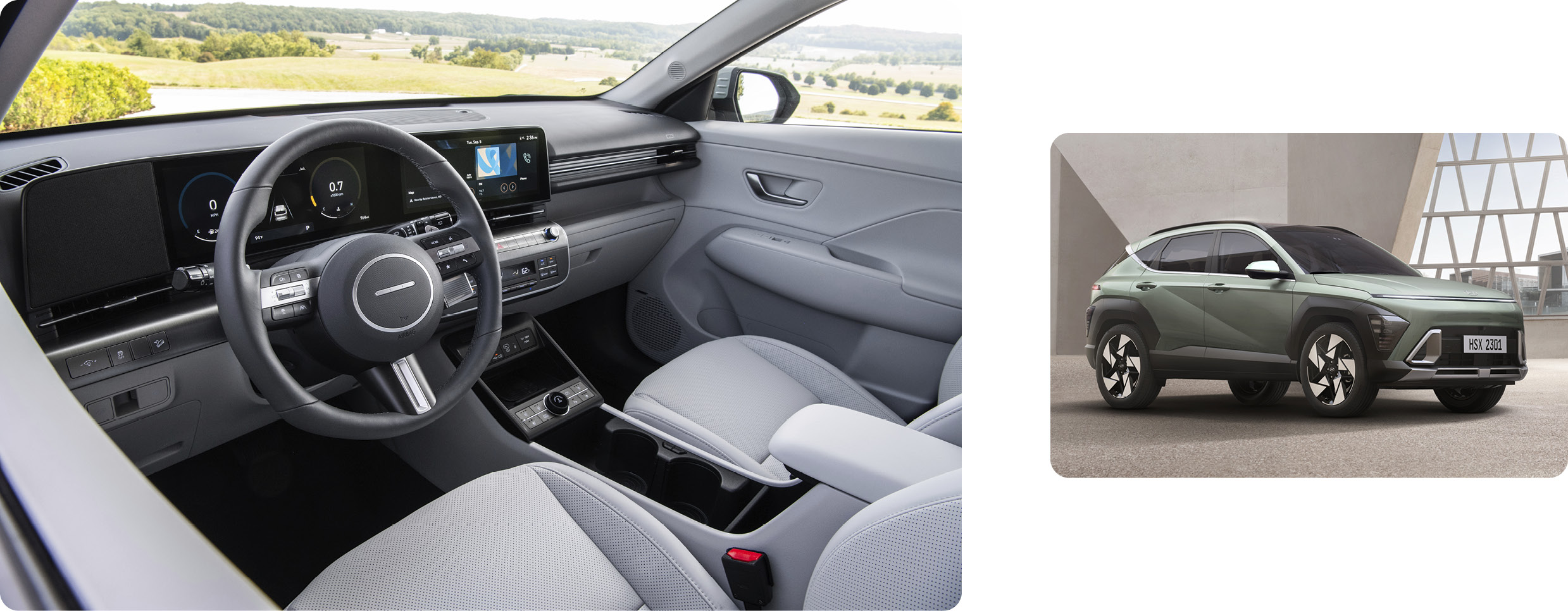 코나 측면 모습 및 1열 운전석 주변을 창문 너머로 바라 본 모습