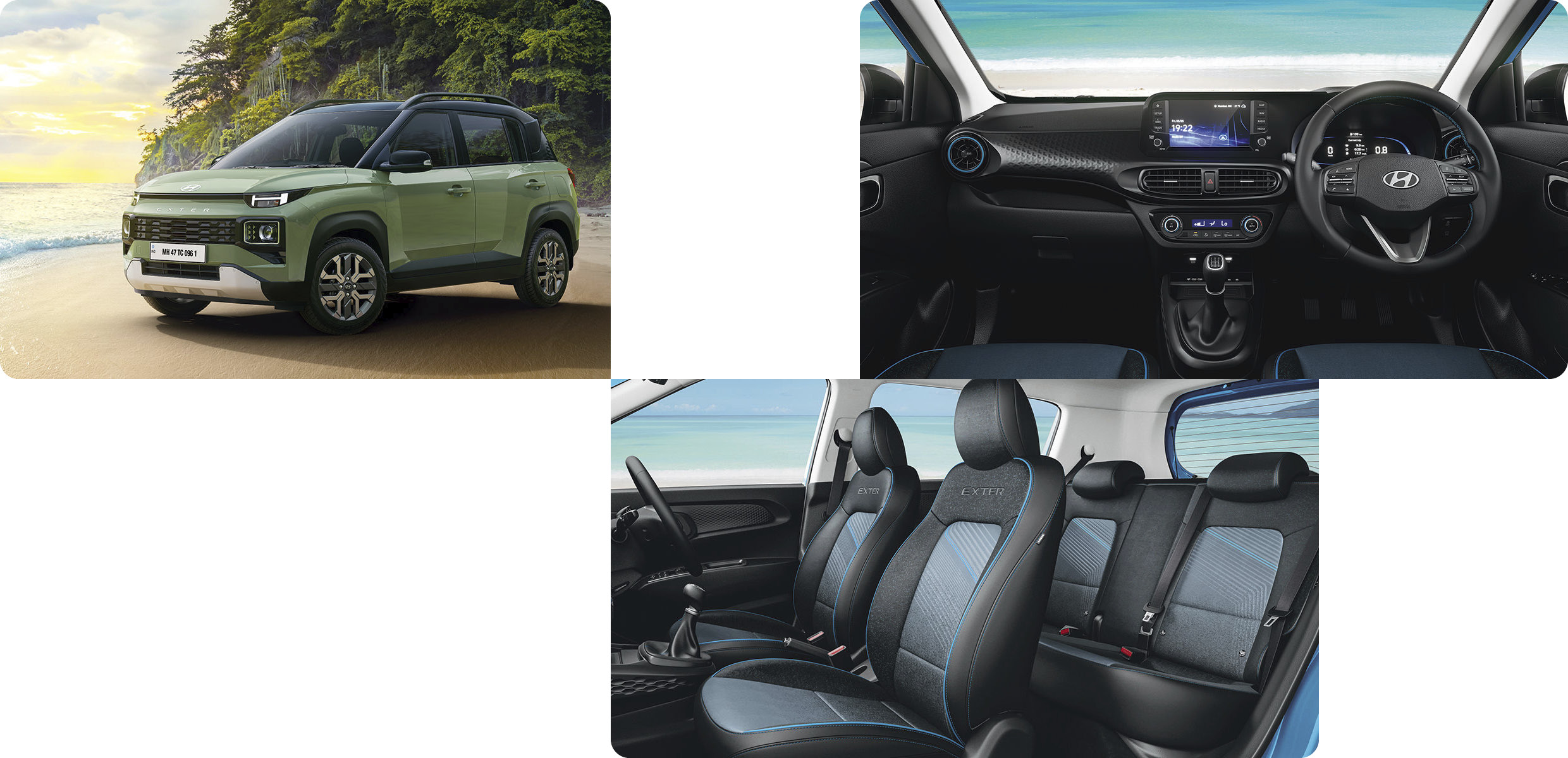 해변에 정차한 엑스터의 전측면, 1열 대시보드, 1-2열 실내 측면 모습