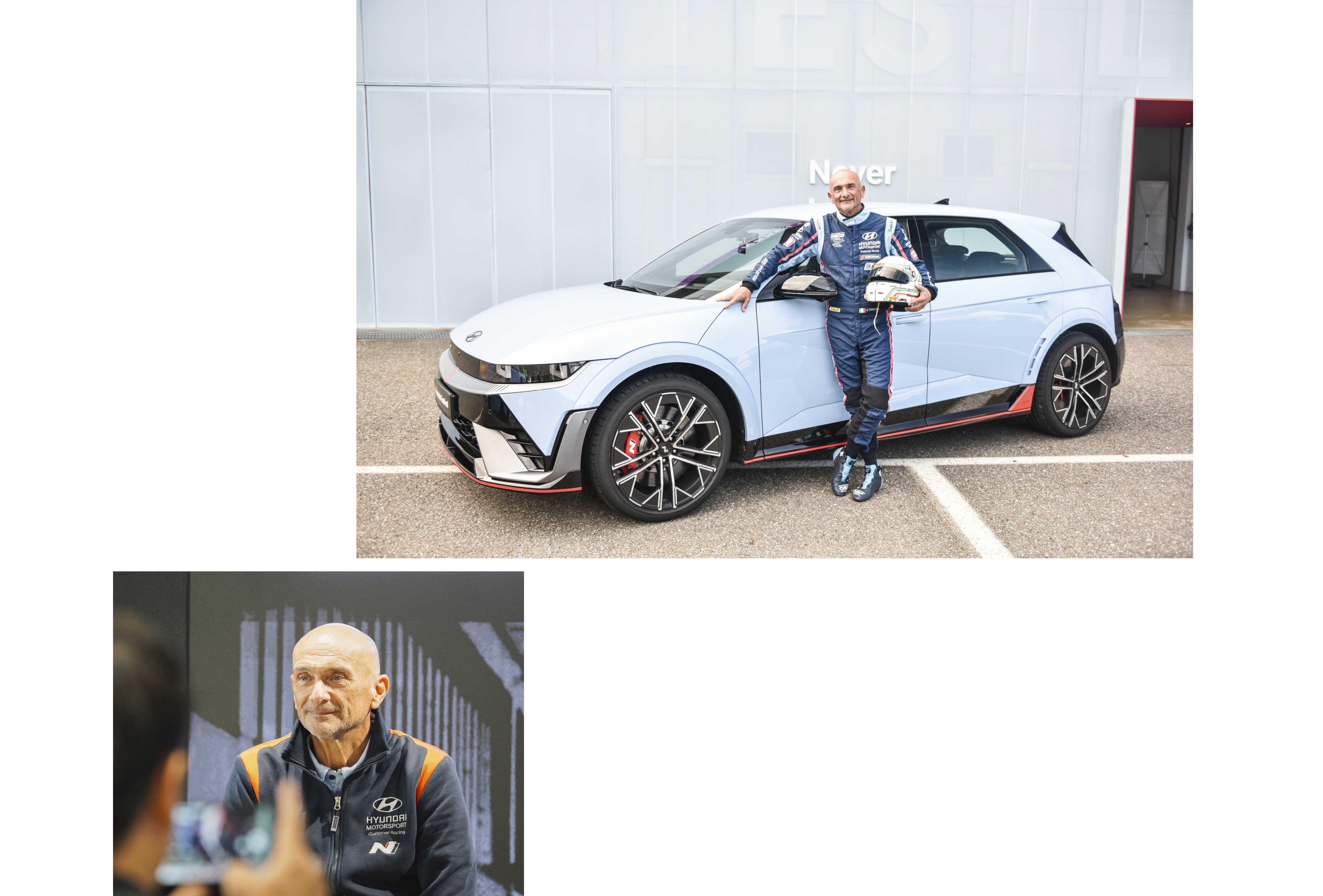 The blue Ioniq 5 N and legendary driver Gabriele Tarquini standing next to it.
