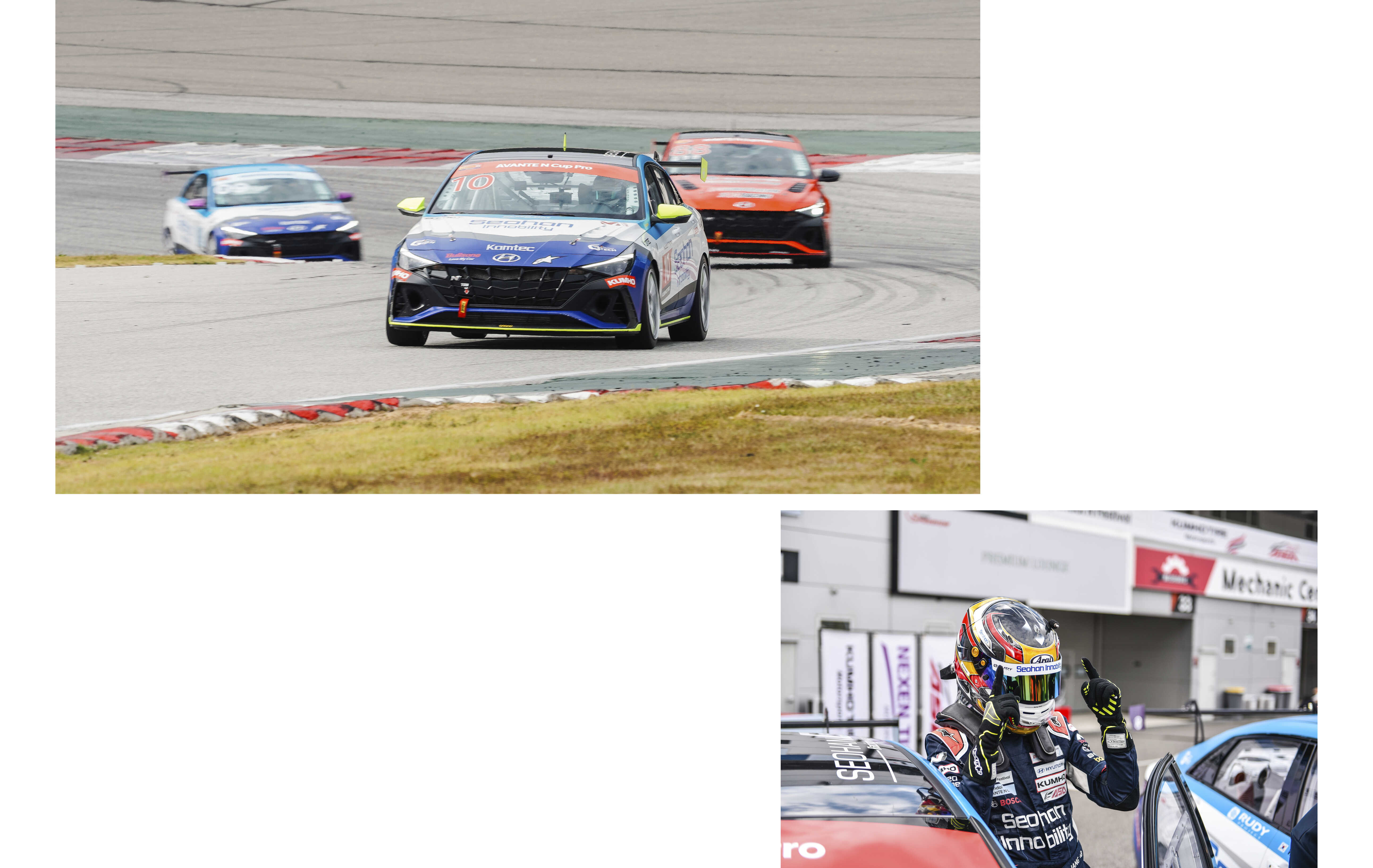 Three race cars competing for the lead and a driver showing a victory ceremony after the race
