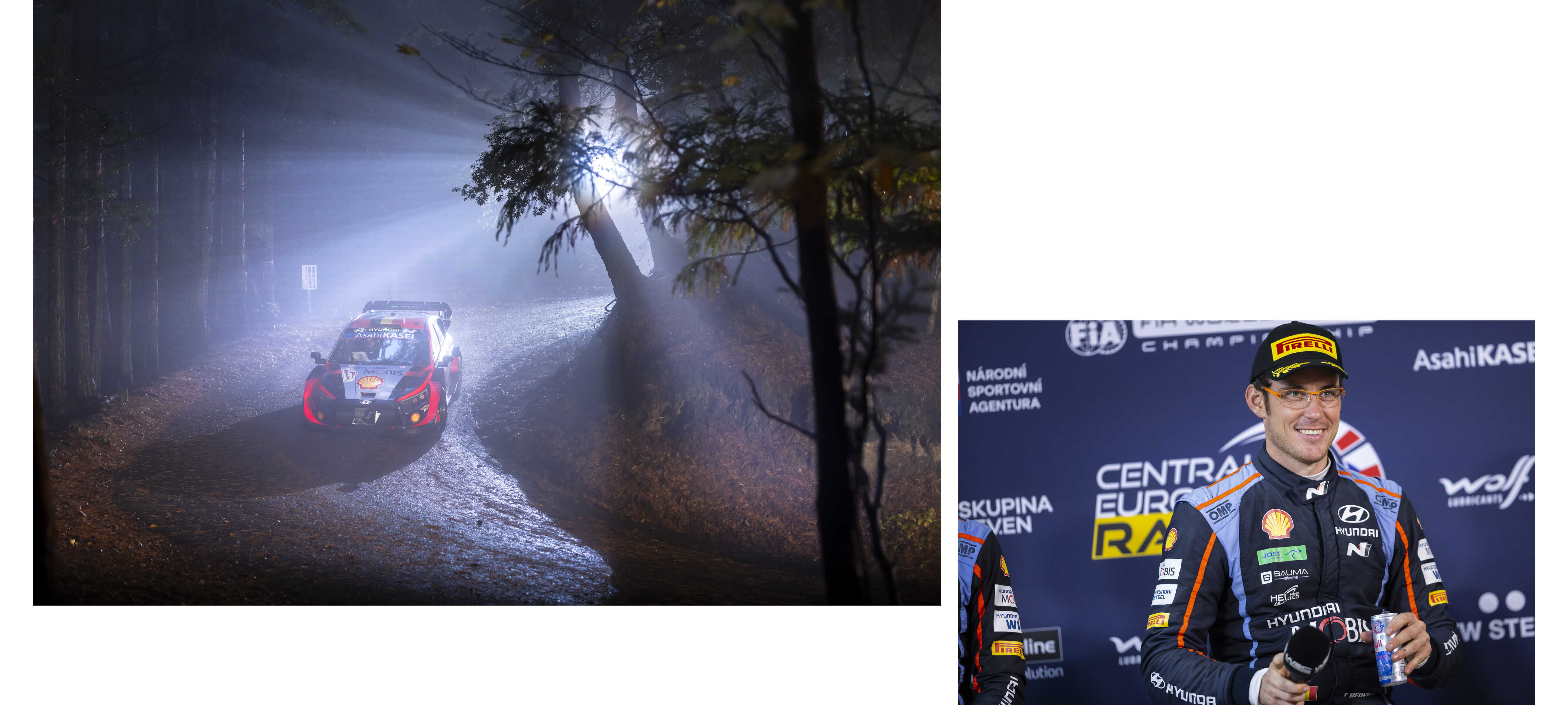 Front/side of the i20 rally car driving on a dirt road in the forest, and Thierry Neuville being interviewed