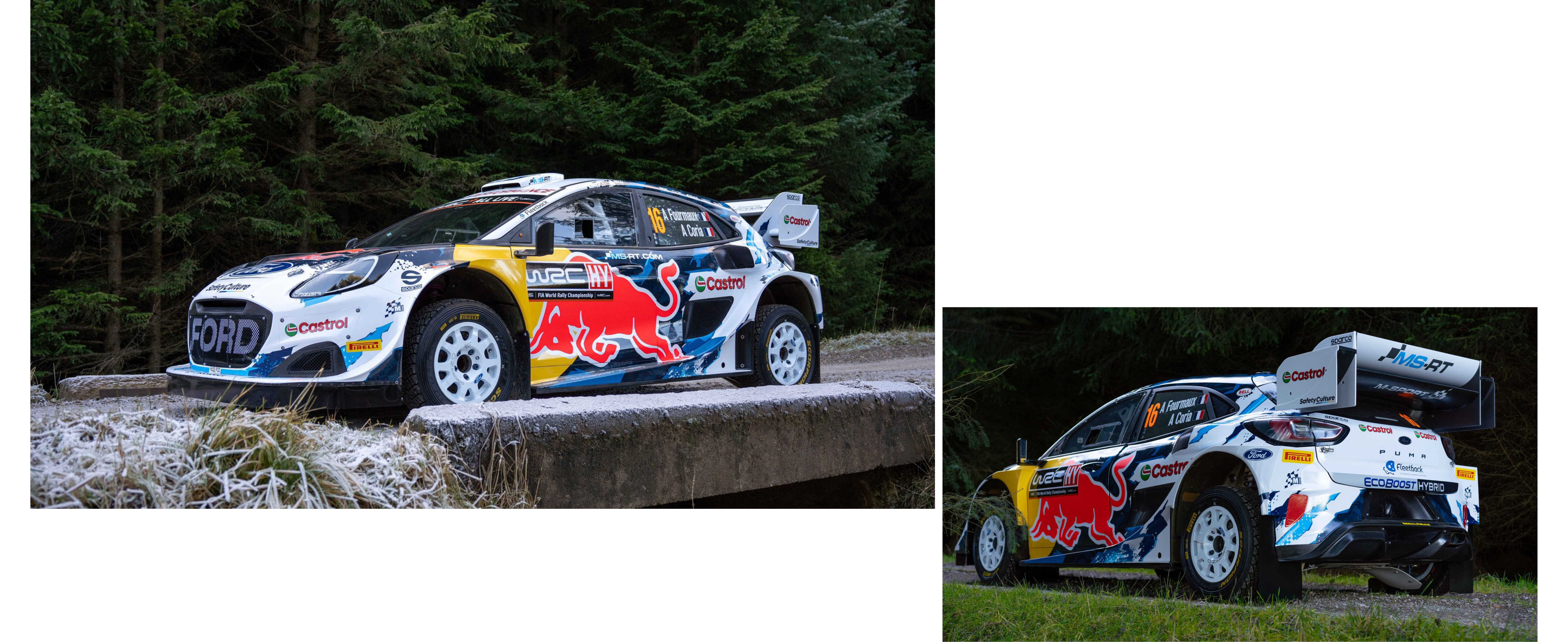 Front/side and rear/side views of the Ford 2024 season rally car standing on a forest road