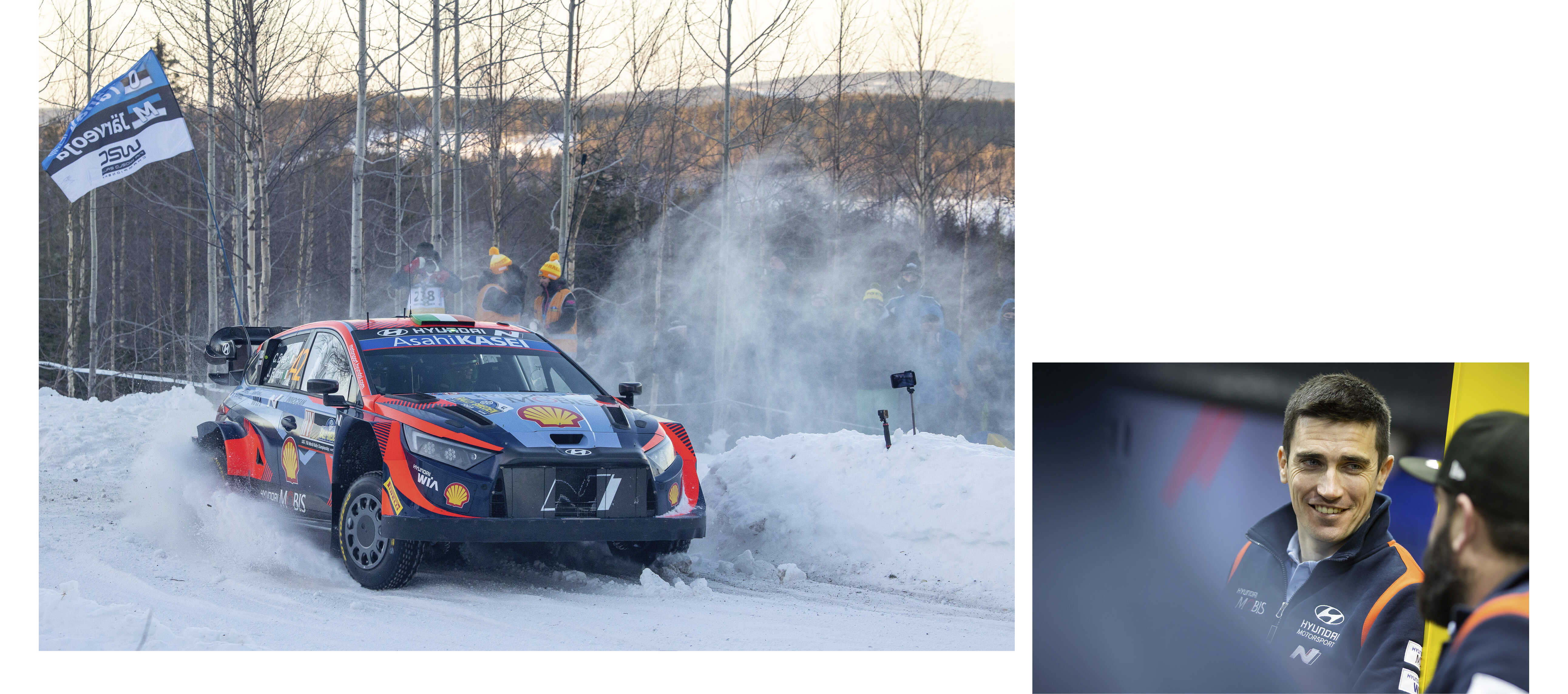 Front view of driver Craig Breen and his i20 rally car drifting through snow