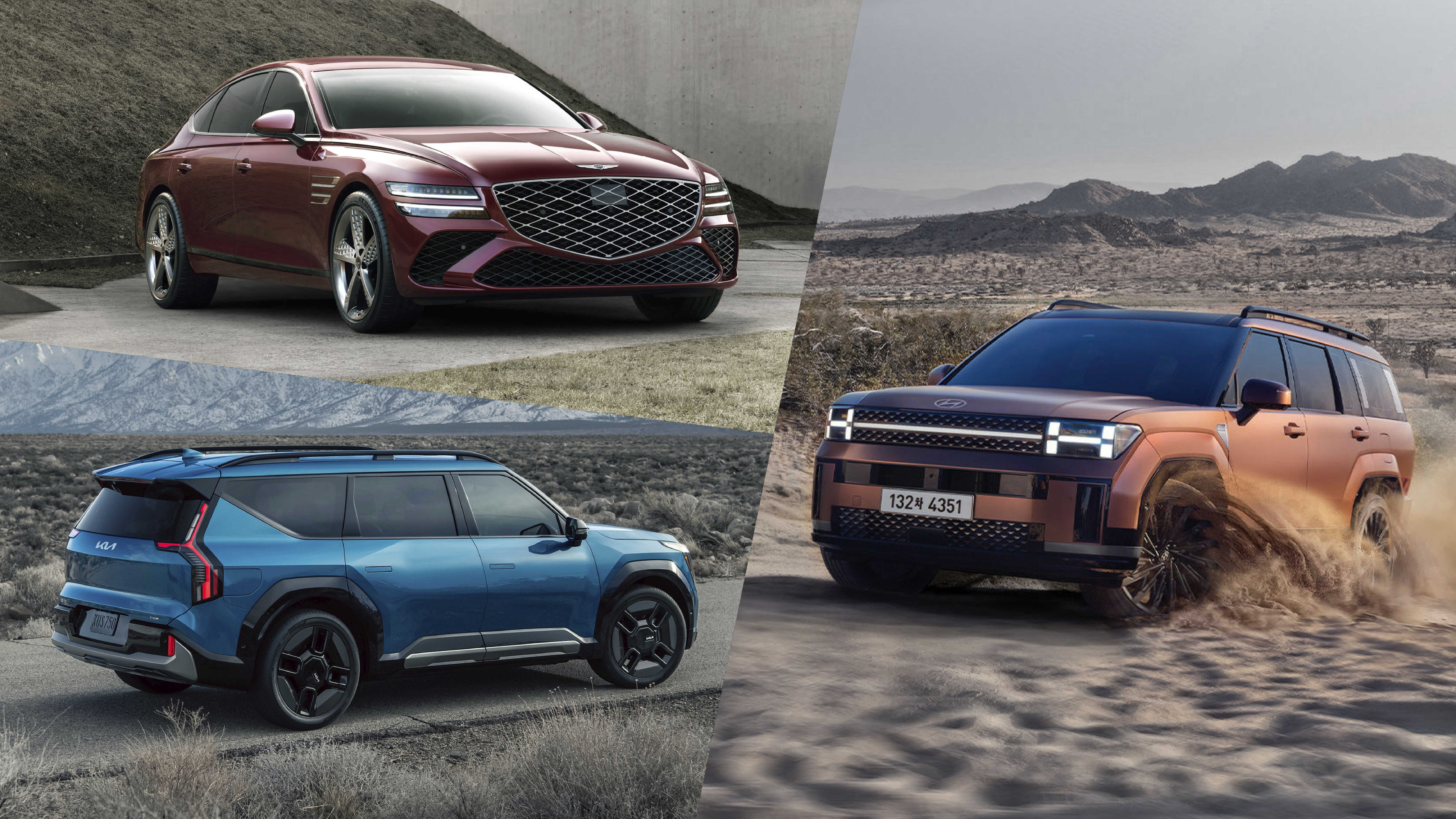 G80's frontal view, EV9's rear view, and SANTA FE driving through the desert