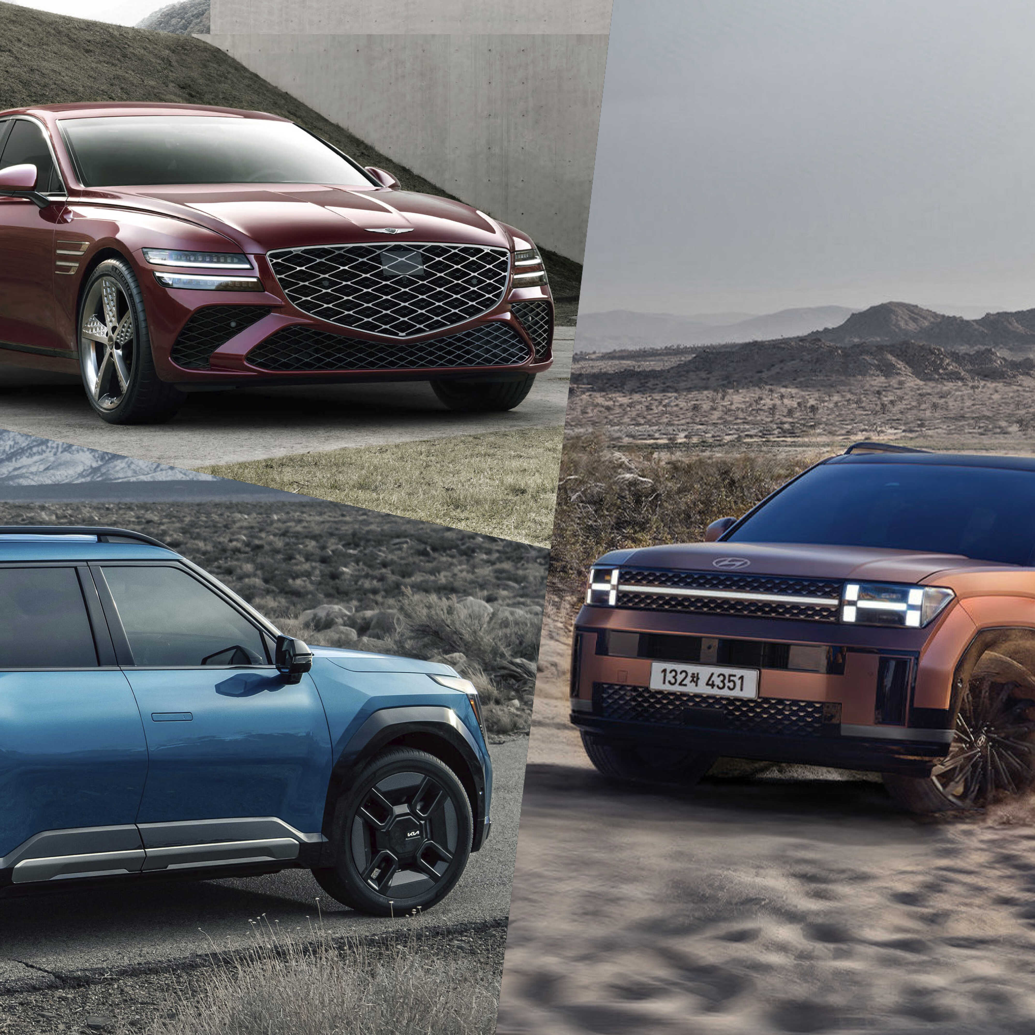 G80의 전측면과 EV9의 후측면 그리고 사막에서 달리는 싼타페의 모습