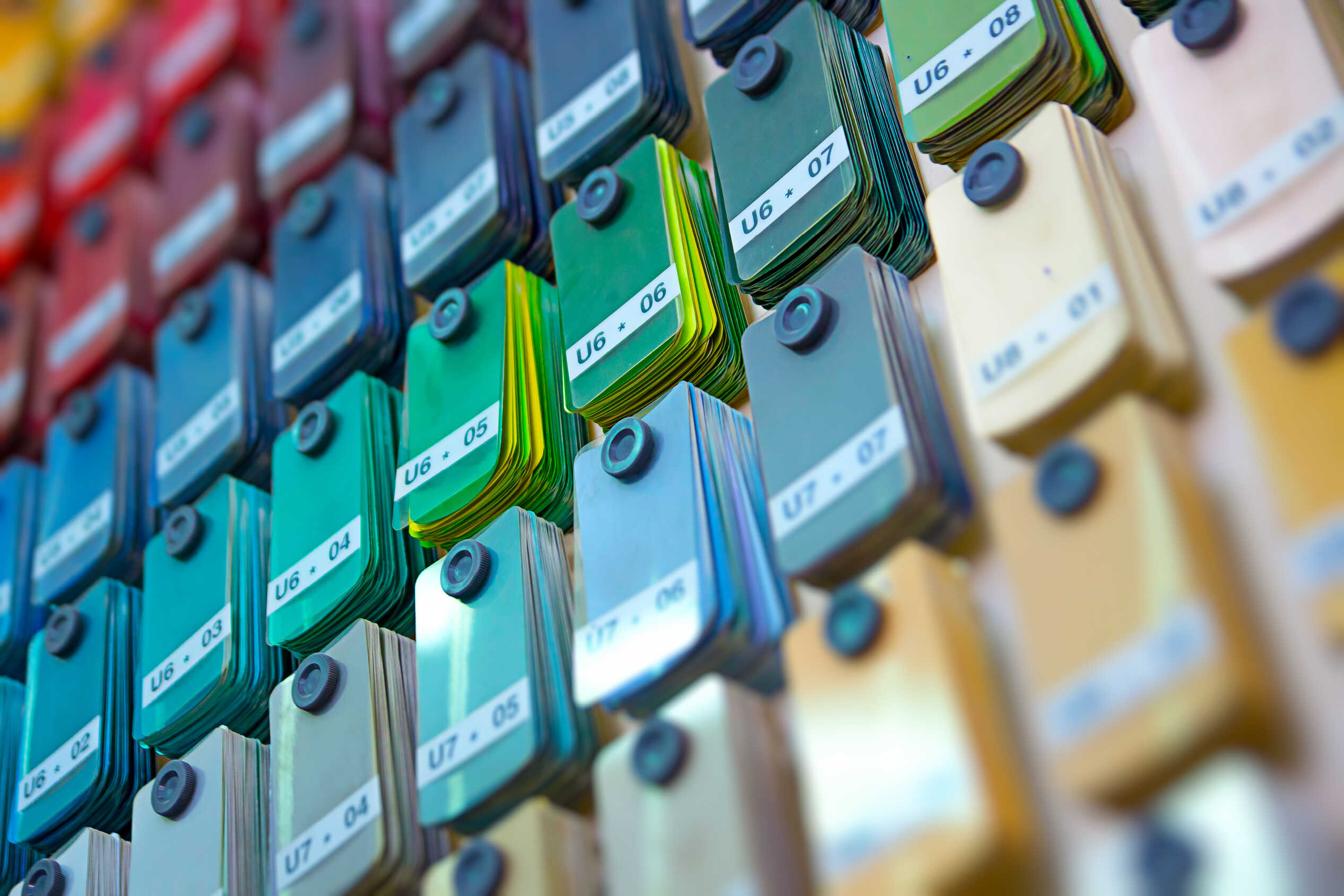 Various color chips hanging in an arrangement