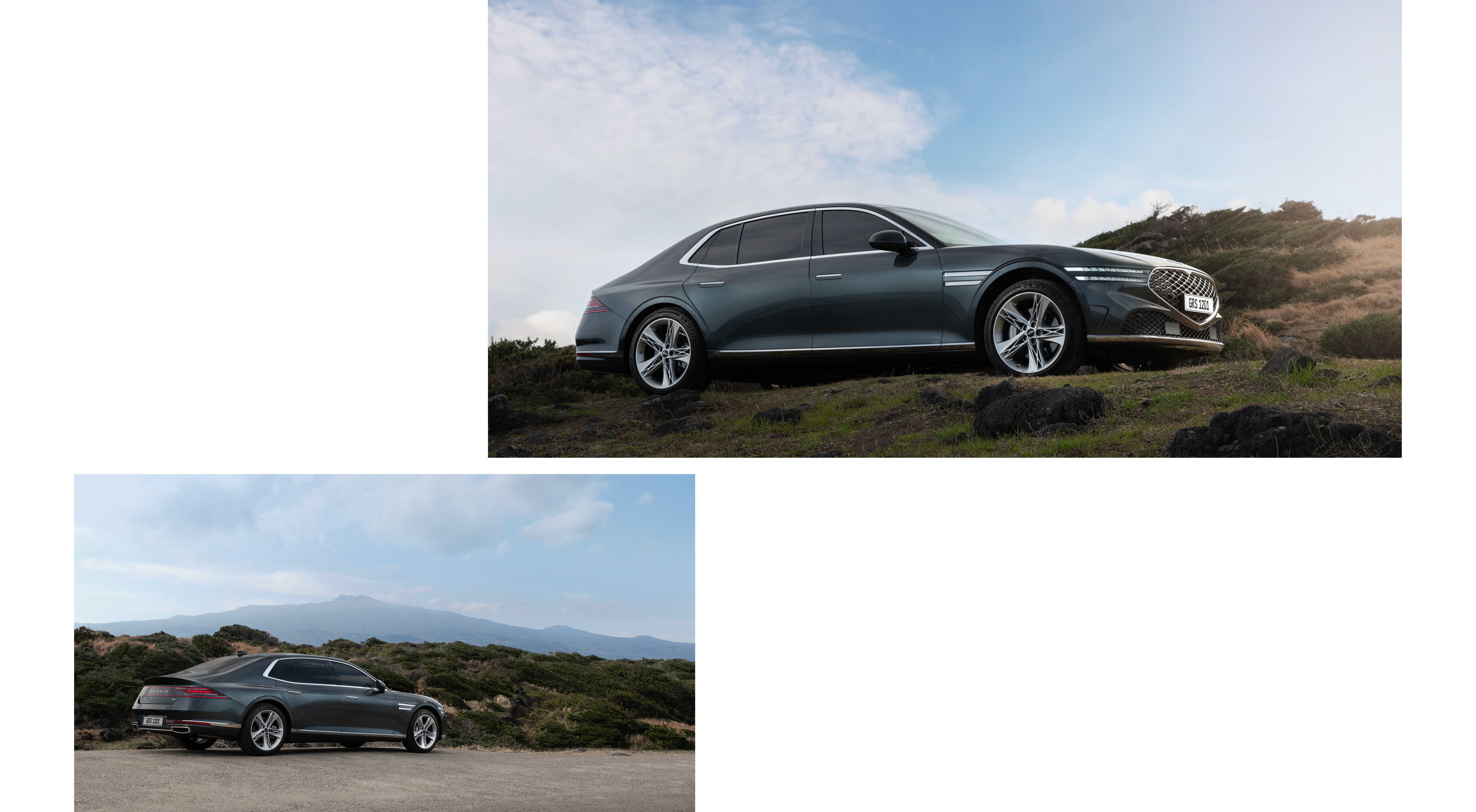 한라산 그린 컬러의 제네시스 g80이 산중턱에 서있는 모습