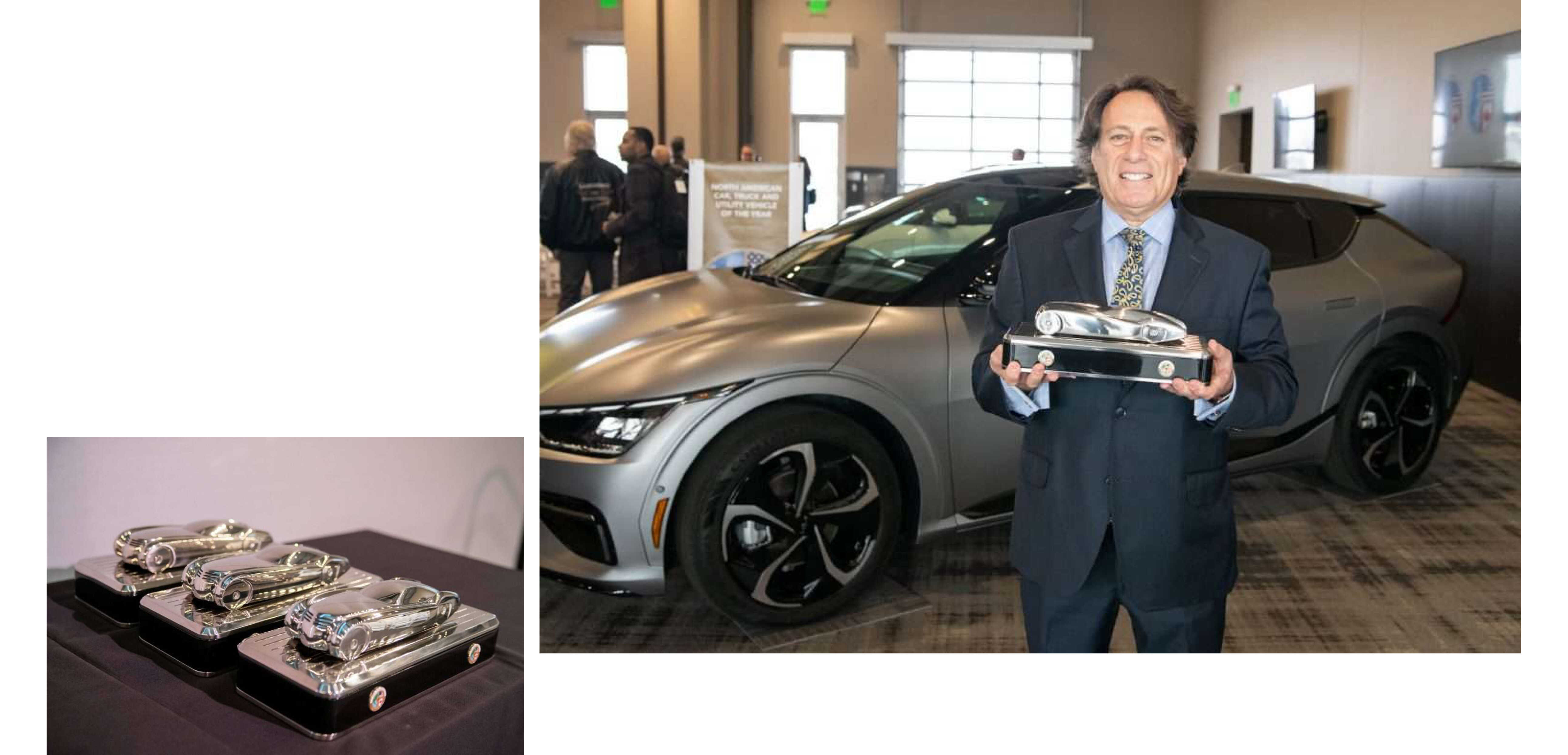 2023 북미 올해의 차 시상식 트로피와 당시 올해의 SUV에 선정된 기아 EV6 및 기아 북미 법인장의 모습