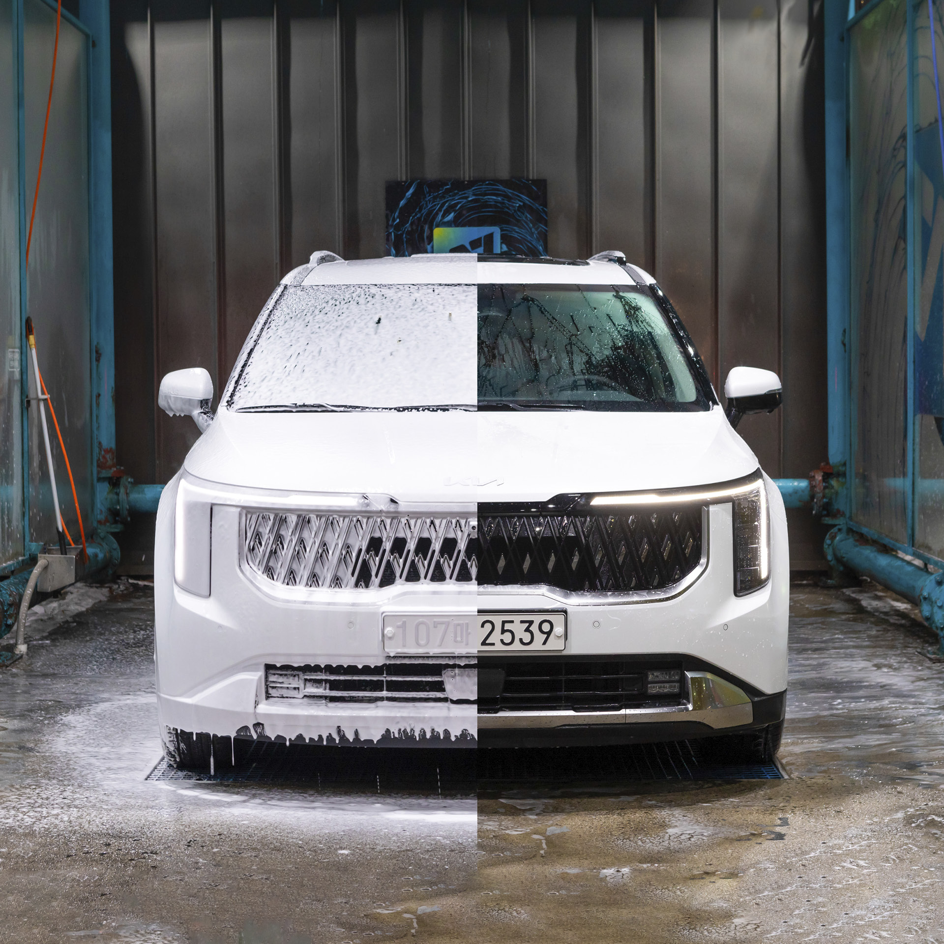 A composite image of a carnival sprayed with snow foam for car washing and a carnival cleaned after car washing.