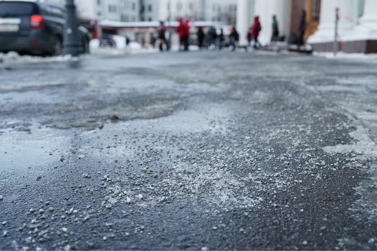 A road sprayed with calcium chloride