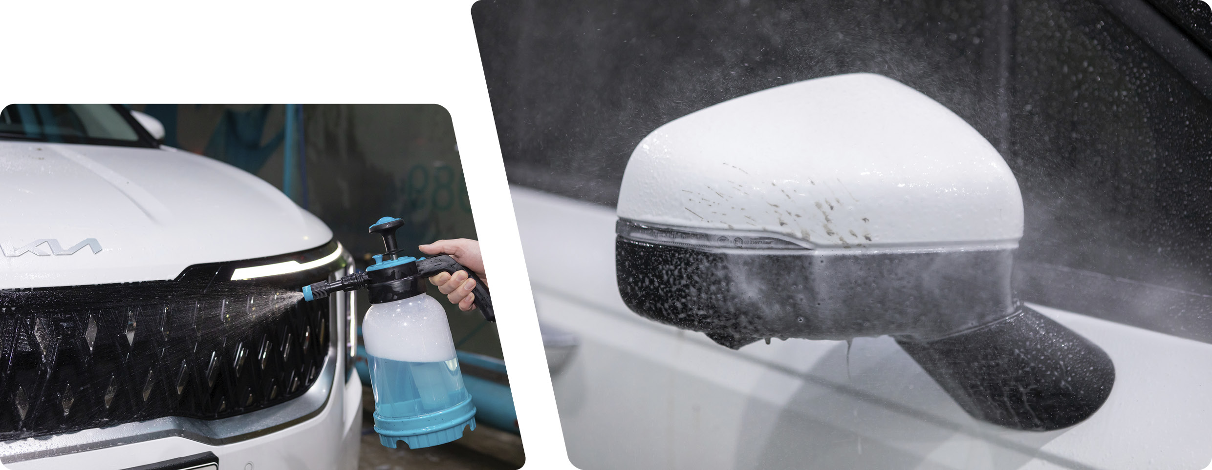 A person is applying an alkaline cleaner with a compressed sprayer