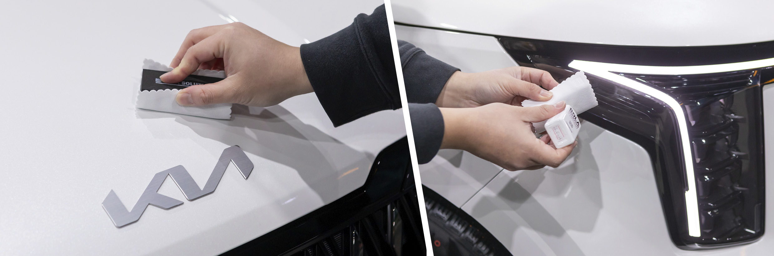 A person is applying a glass film coating