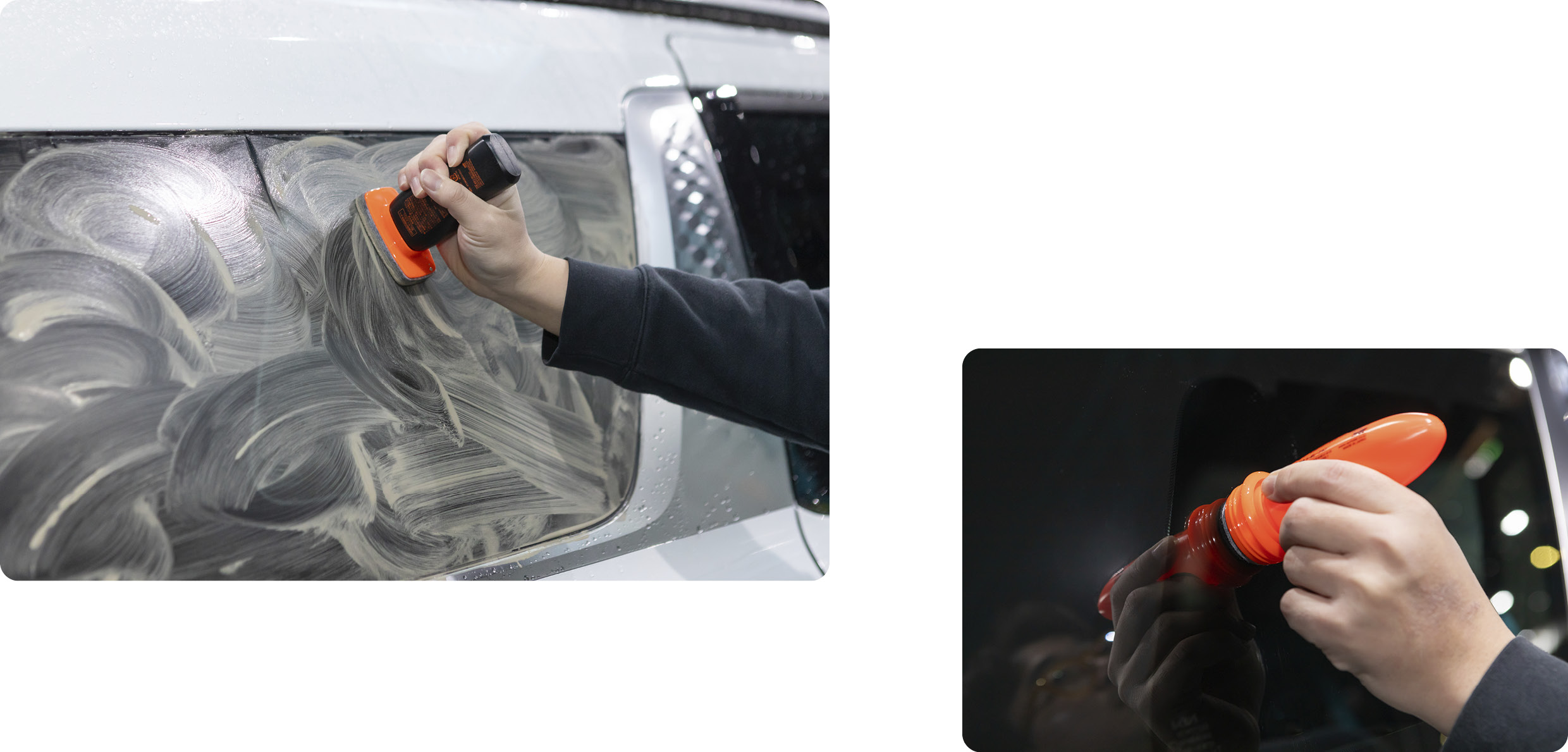 Oil film removal and glass water-repellent coating in progress