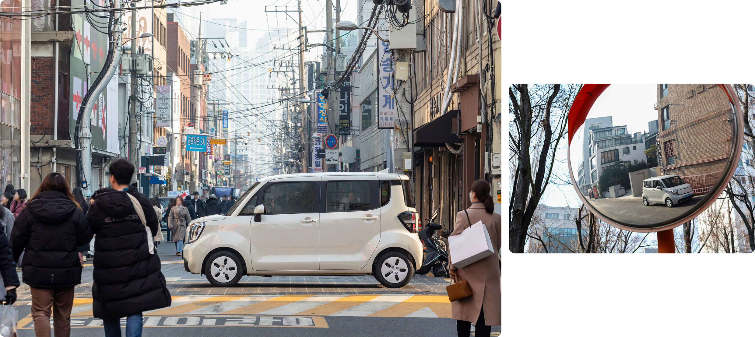 도심 골목길을 주행하고 있는 레이 EV