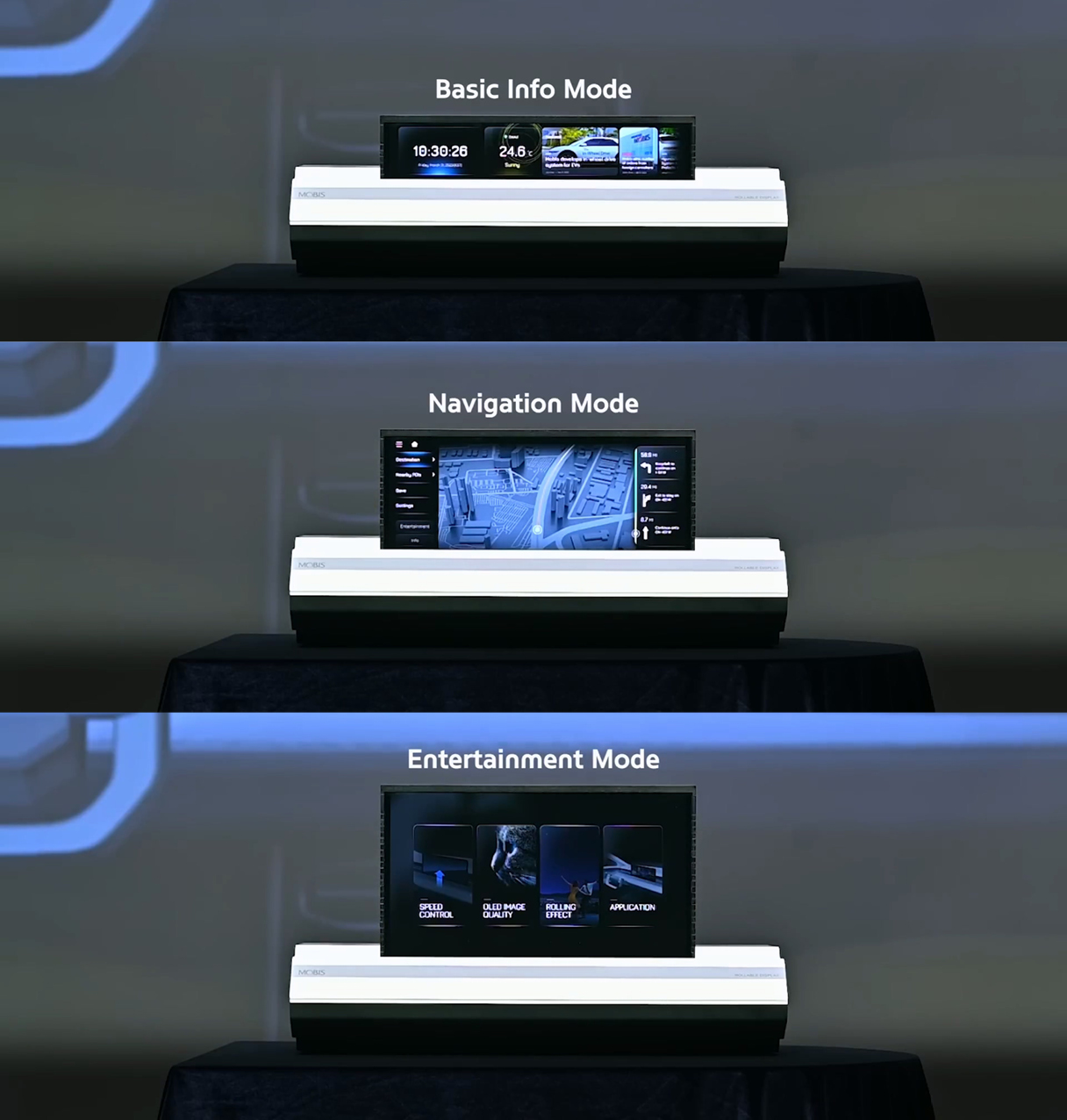 현대모비스의 롤러블 디스플레이의 여러 모드를 보여주는 이미지