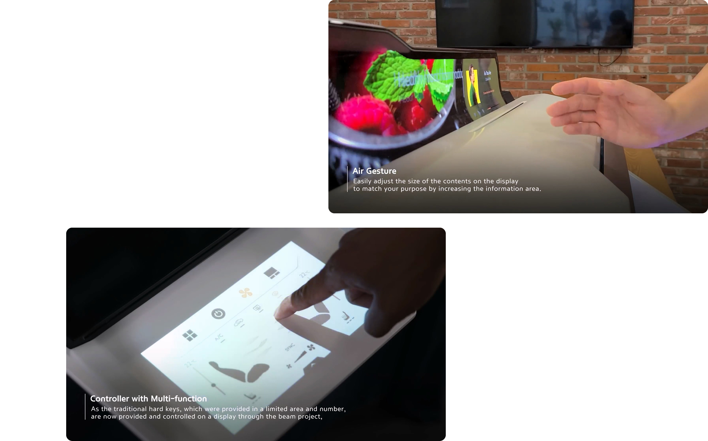 에어 제스처와 빔 프로젝터로 컨트롤러에 화면을 투사하는 컨트롤러 방식을 시연하는 모습