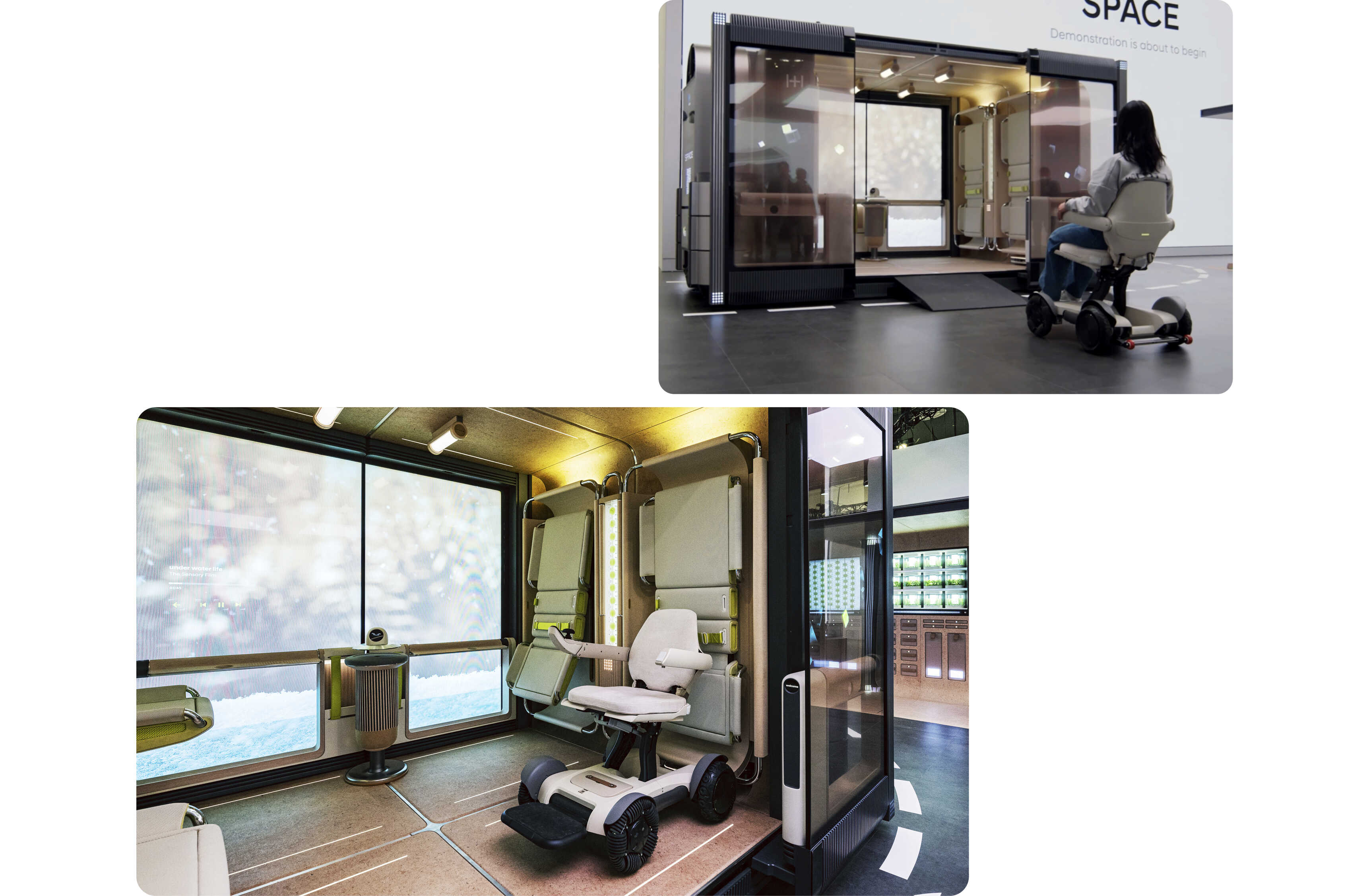현대차 SPACE에 휠체어 사용자가 탑승하는 모습과 실내 공간