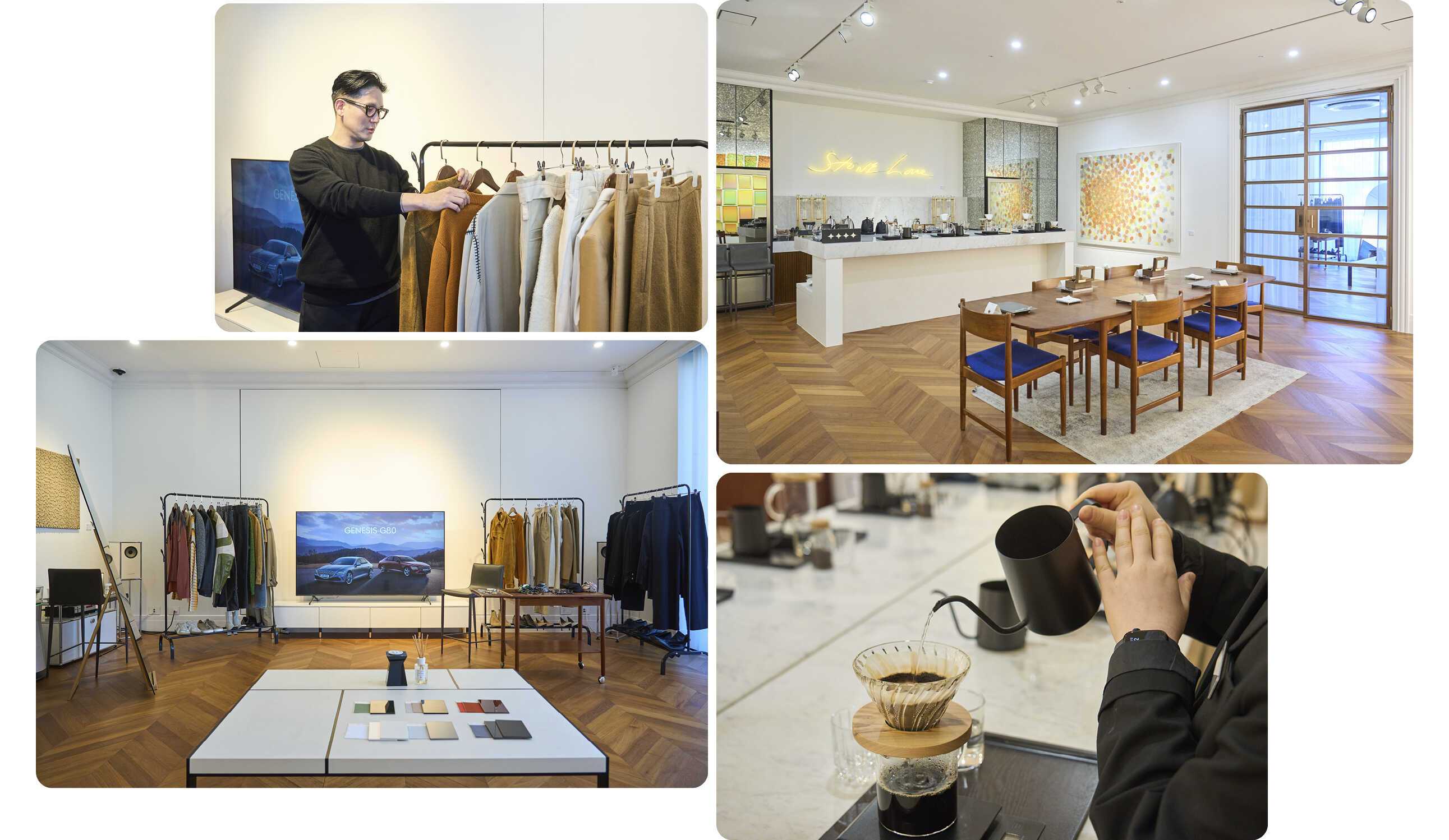 People making coffee and choosing clothes in the barista class and styling class at the exhibition hall