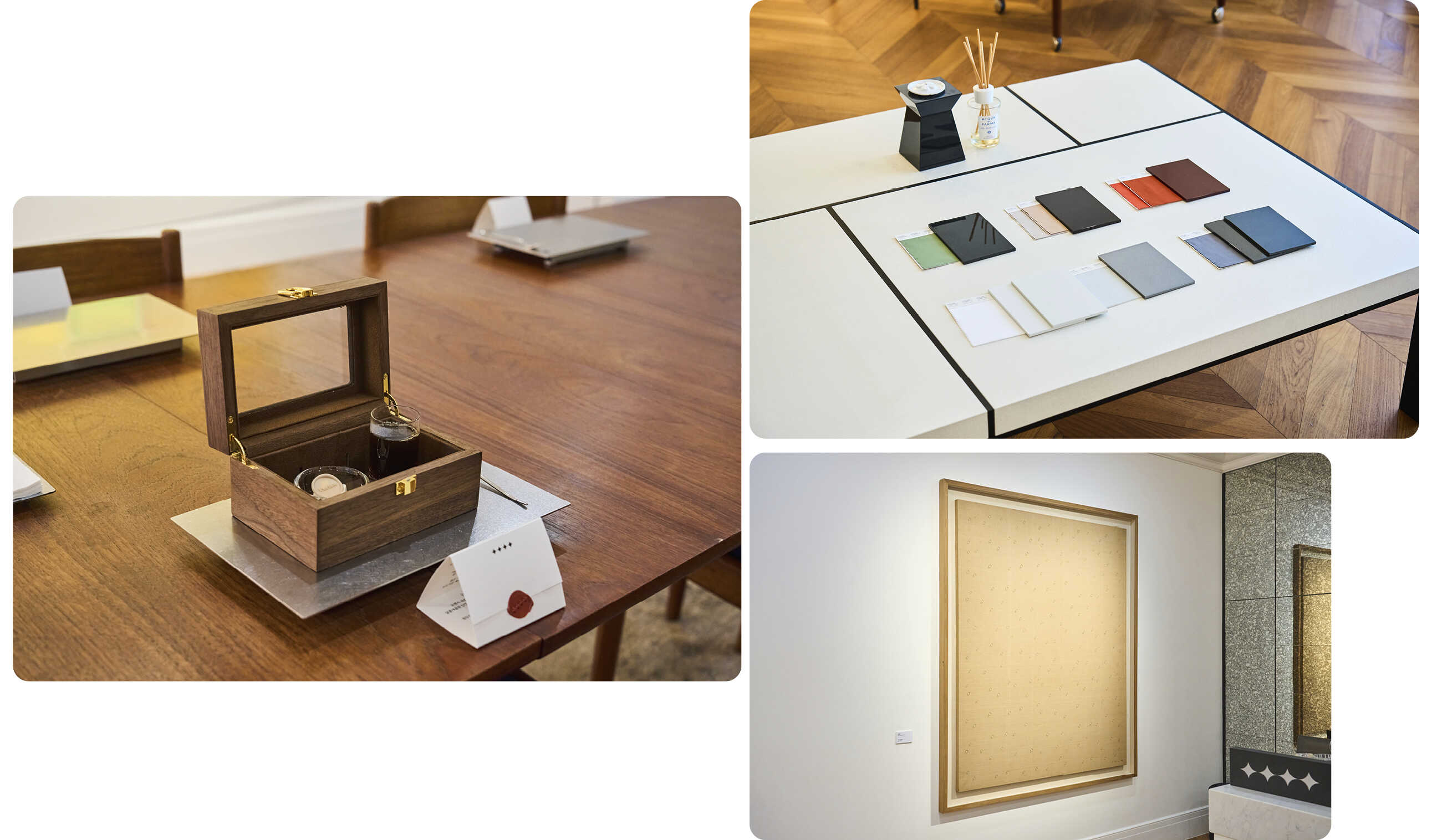 전시장 2층에 배치된 예술작품, 바리스타 패키지, 여러 색감의 원단들