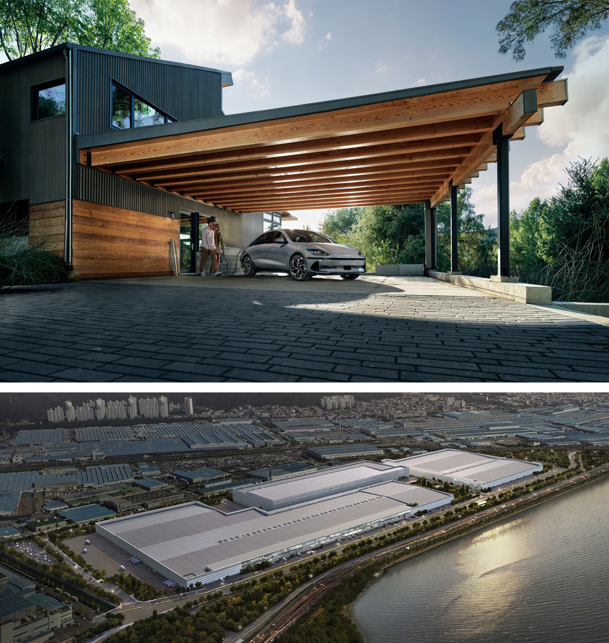 울산 EV 전용 공장 조감도와 충전하는 아이오닉 6