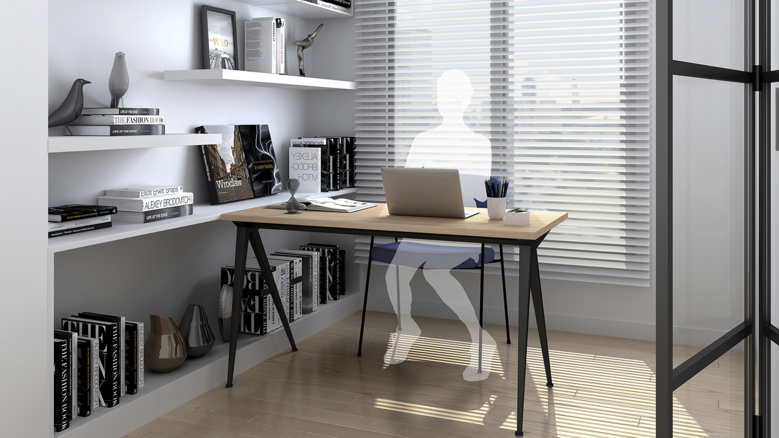 가상의 인물이 집에 꾸민 책상에 앉아 업무를 하고 있는 모습