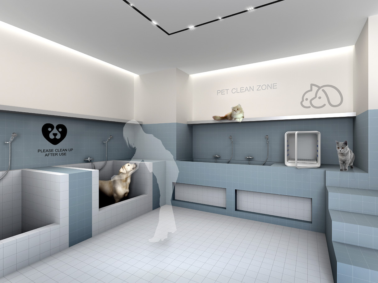 반려동물의 목욕과 건조가 동시에 가능한 현대건설의 H 위드펫을 보여주는 공간 모습