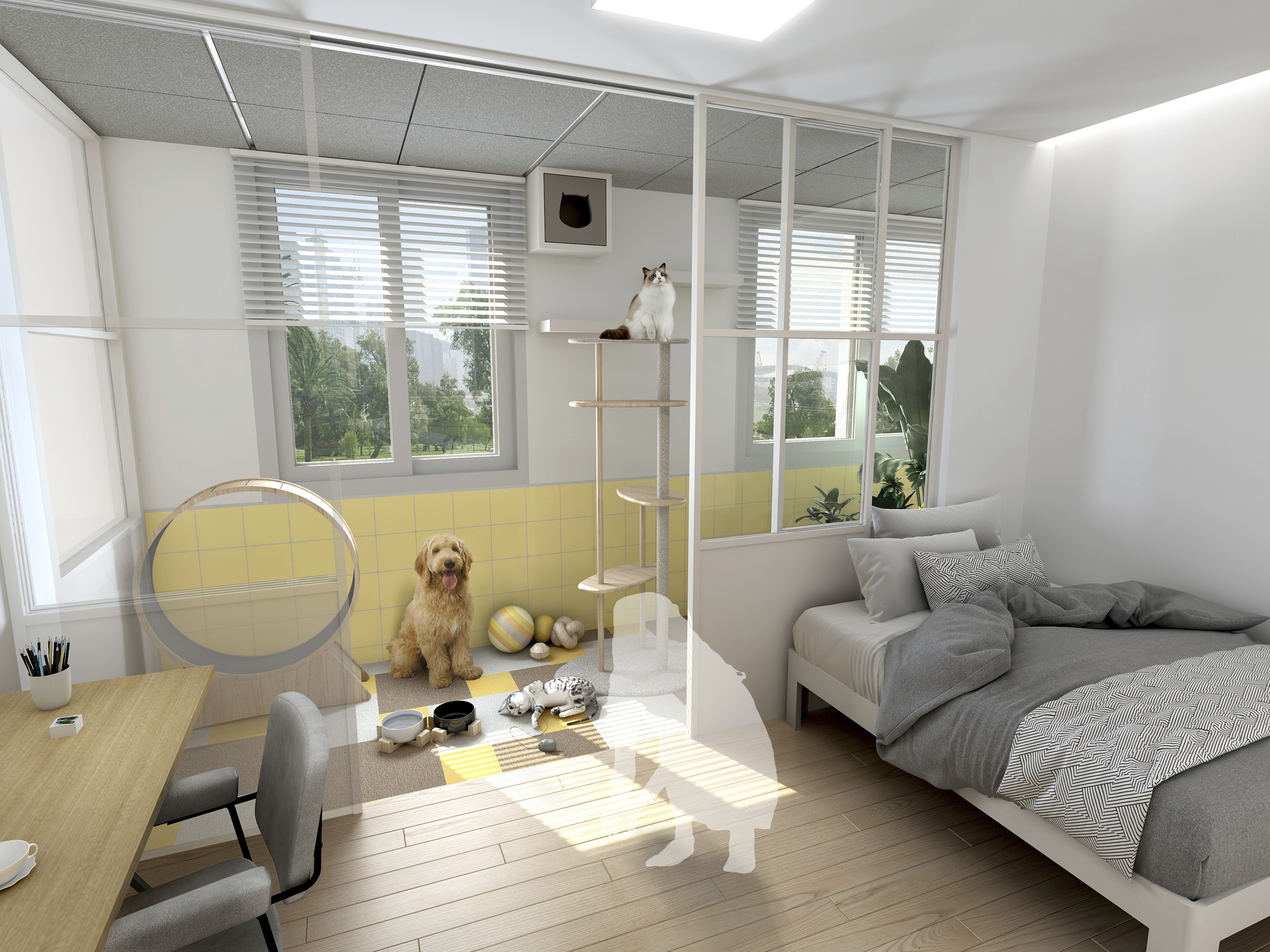 안락하게 꾸며진 공간에 반려동물이 휴식을 취하고 있는 모습