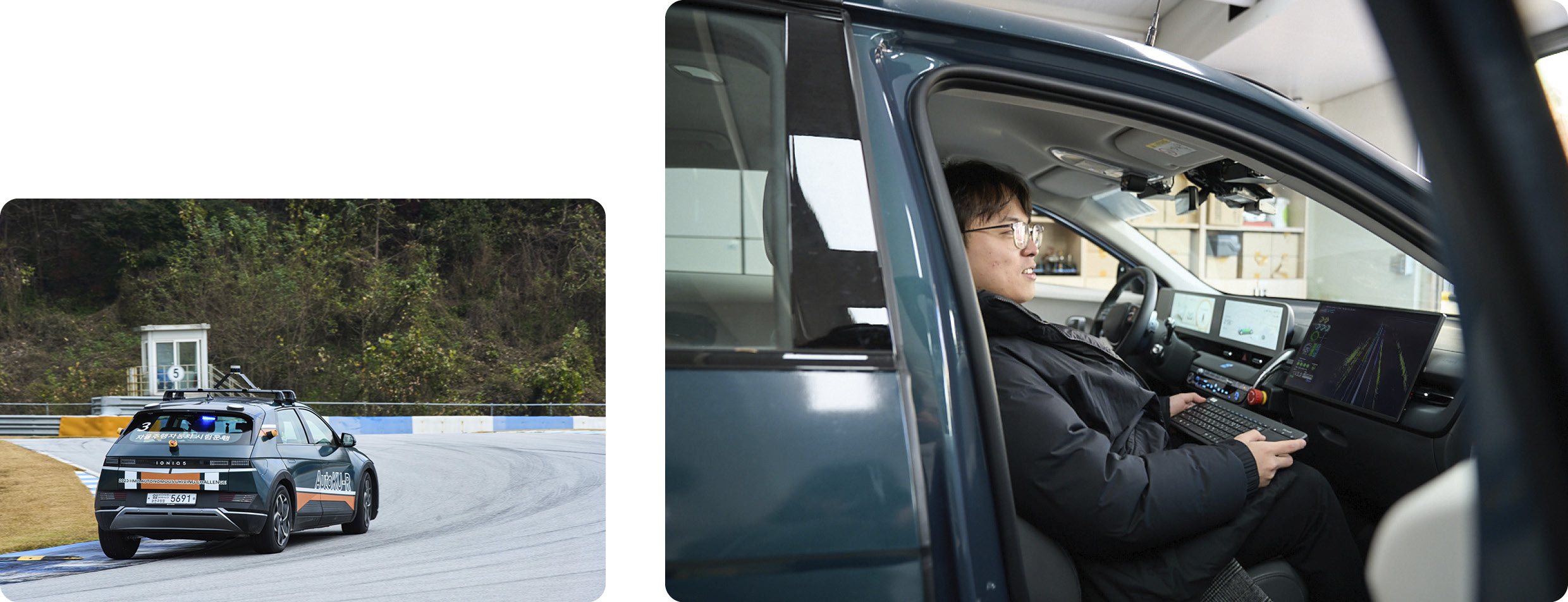 실제 자율주행 챌린지 참가 차량에 탑승해 기술을 시연 중인 나유승 팀장