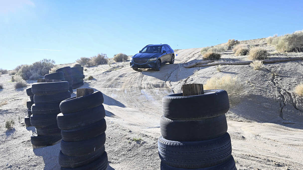 A view of the vehicle being tested on an off-road test course