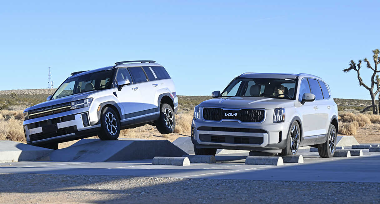 Hyundai Santa Fe and Kia Sorento being tested on a curved test site