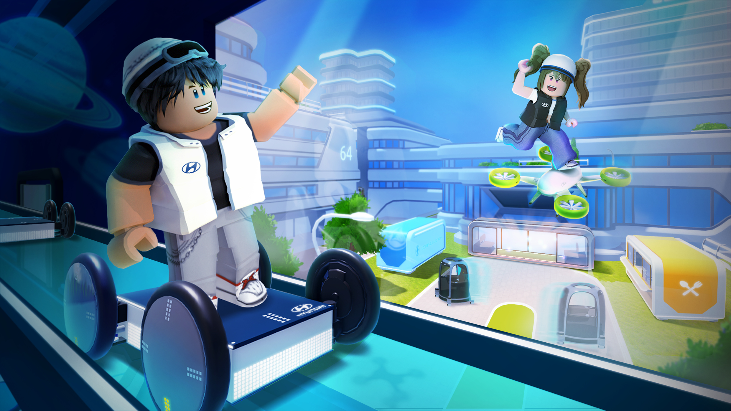 로블록스 속 캐릭터가 현대차의 미래 모빌리티를 타고 있는 모습