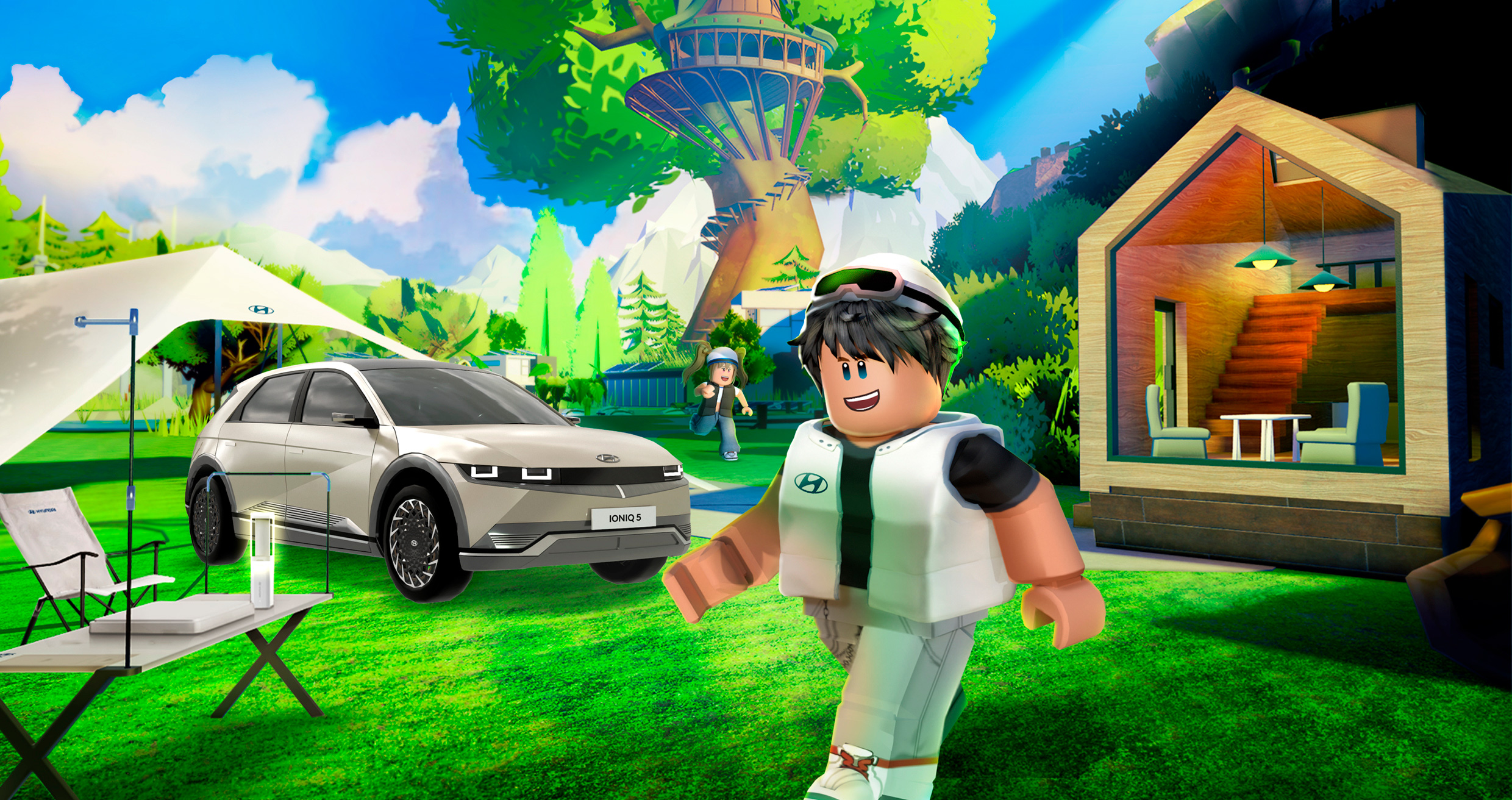 자연 속에 서 있는 게임 캐릭터와 현대 아이오닉 5