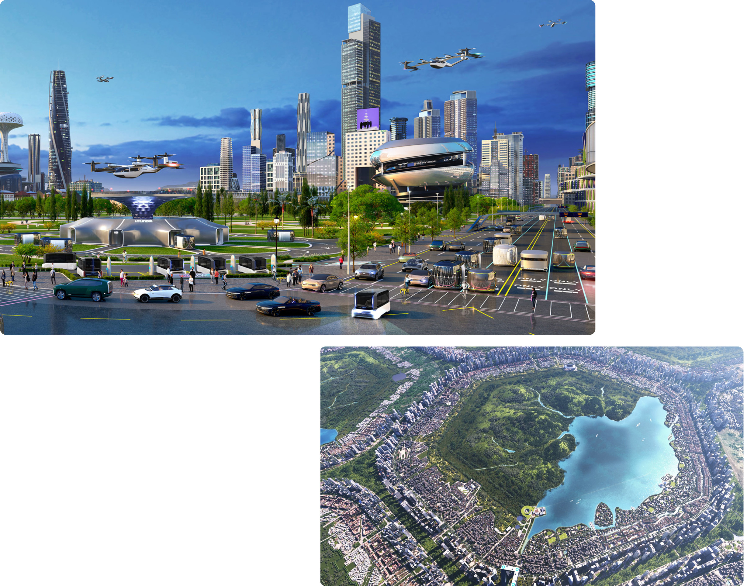현대차그룹의 미래 모빌리티와 수소 에너지 생태계가 어우러진 가상의 미래 도시의 모습