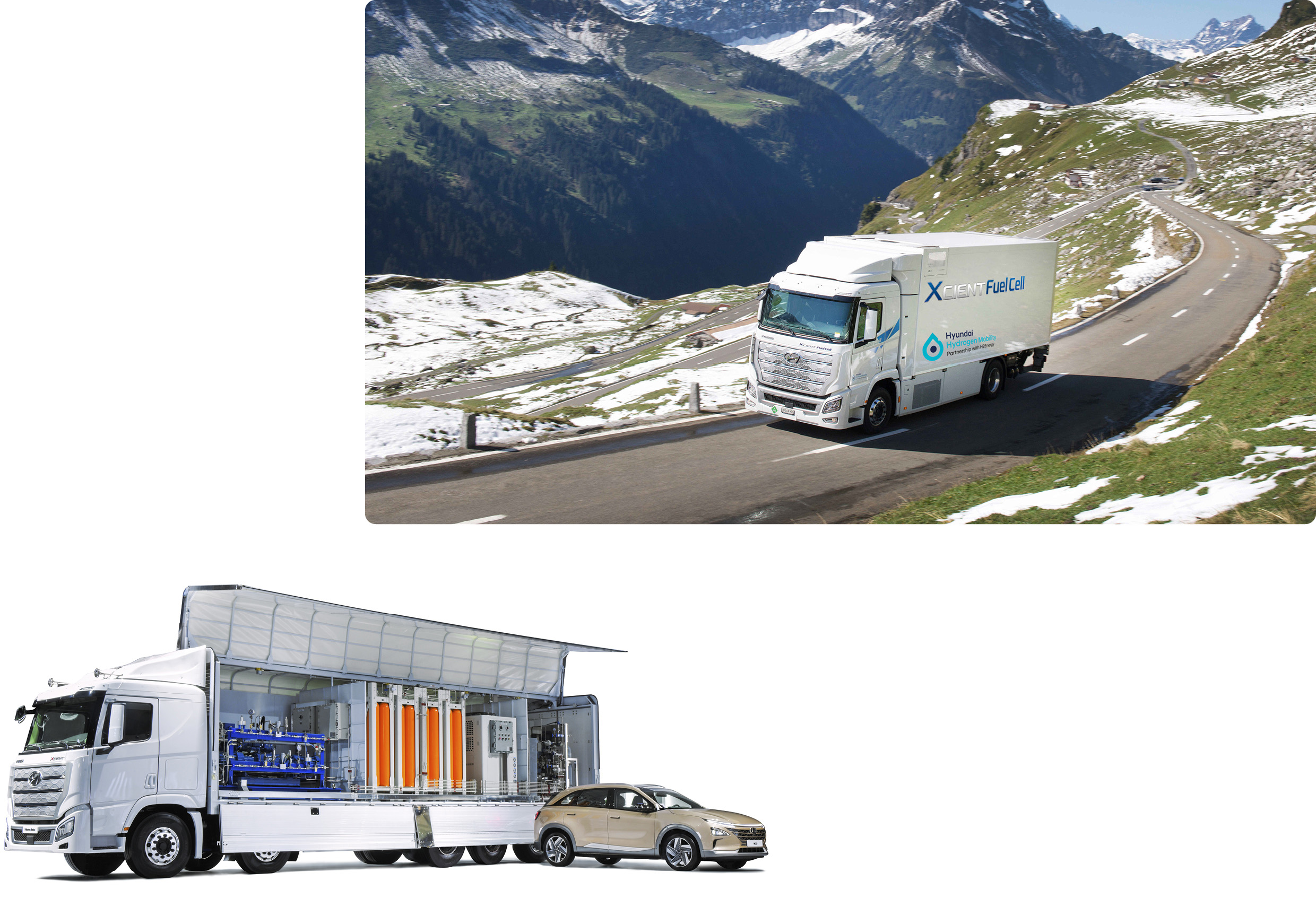 현대차그룹의 수소연료전지 트럭과 이동형 수소충전소의 모습