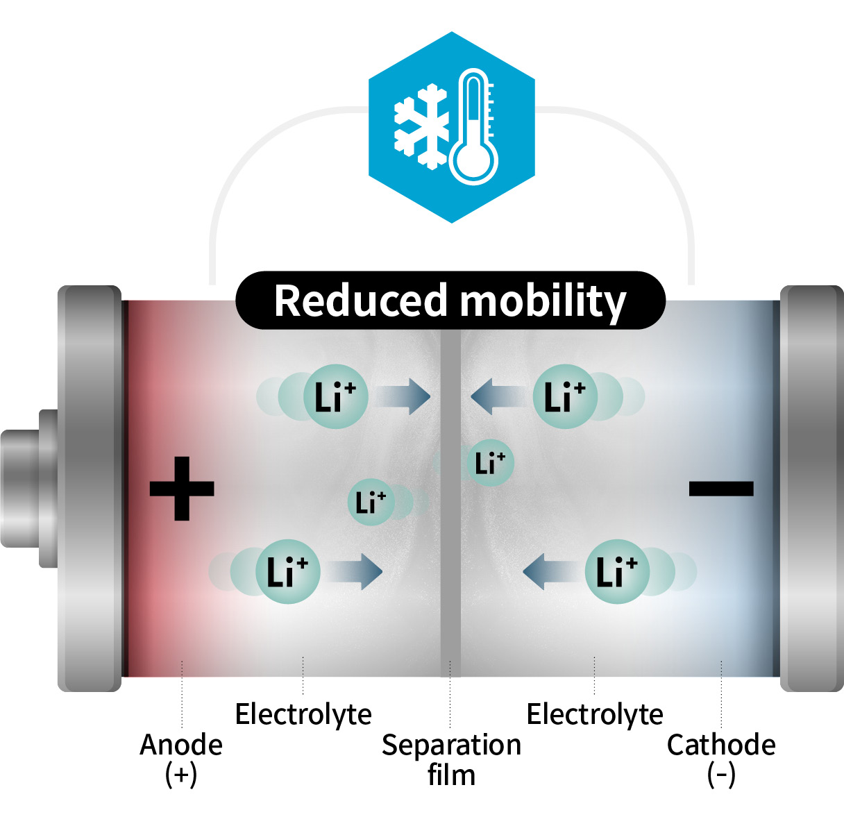 Infographic that expresses the decrease in mobility of lithium ions in winter